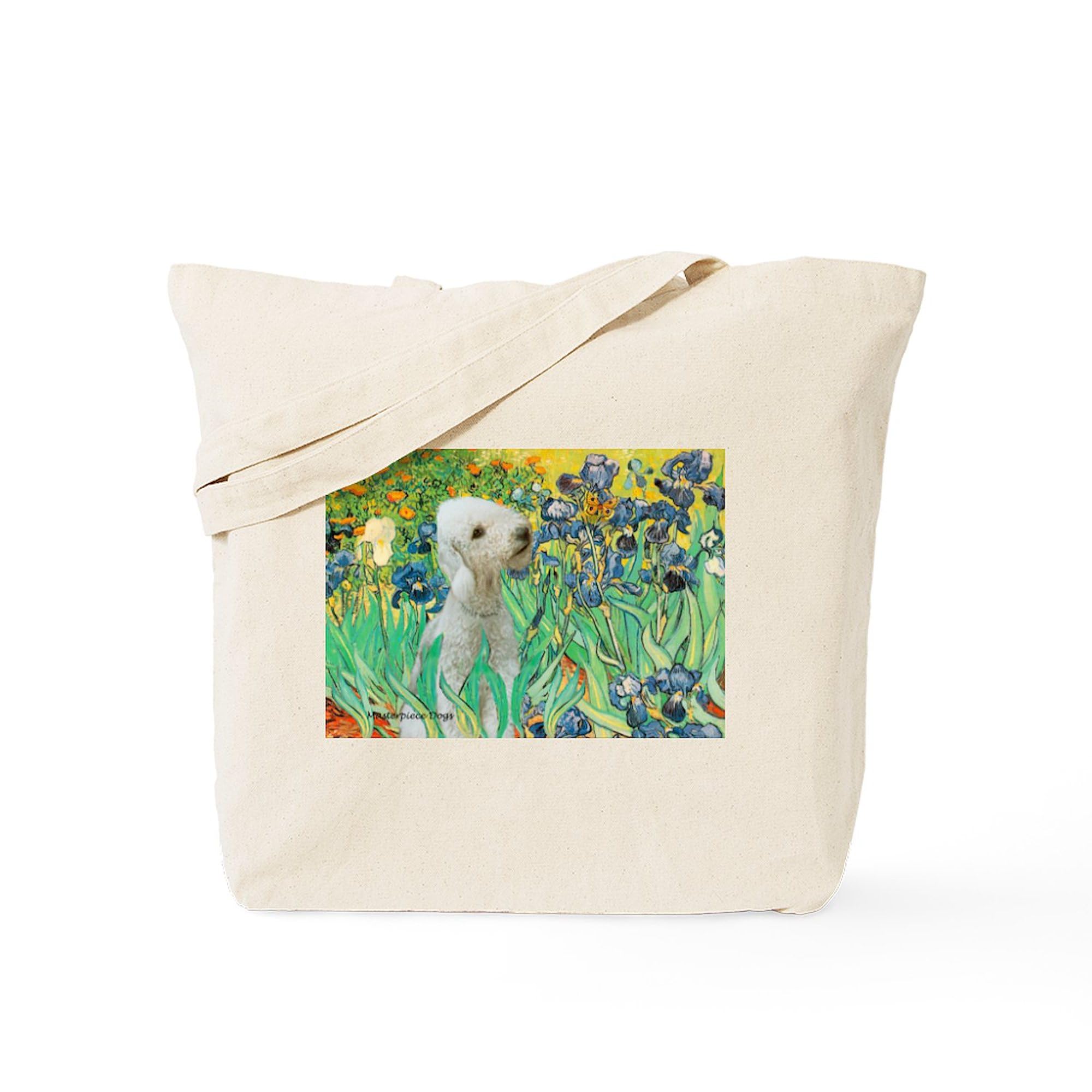 Van Gogh Irises & Bedlington Terrier Print Natural Canvas Tote Bag - Eco-Friendly Reusable Grocery Shopping Bag for Women, Beach, Farmers Market & Daily Use