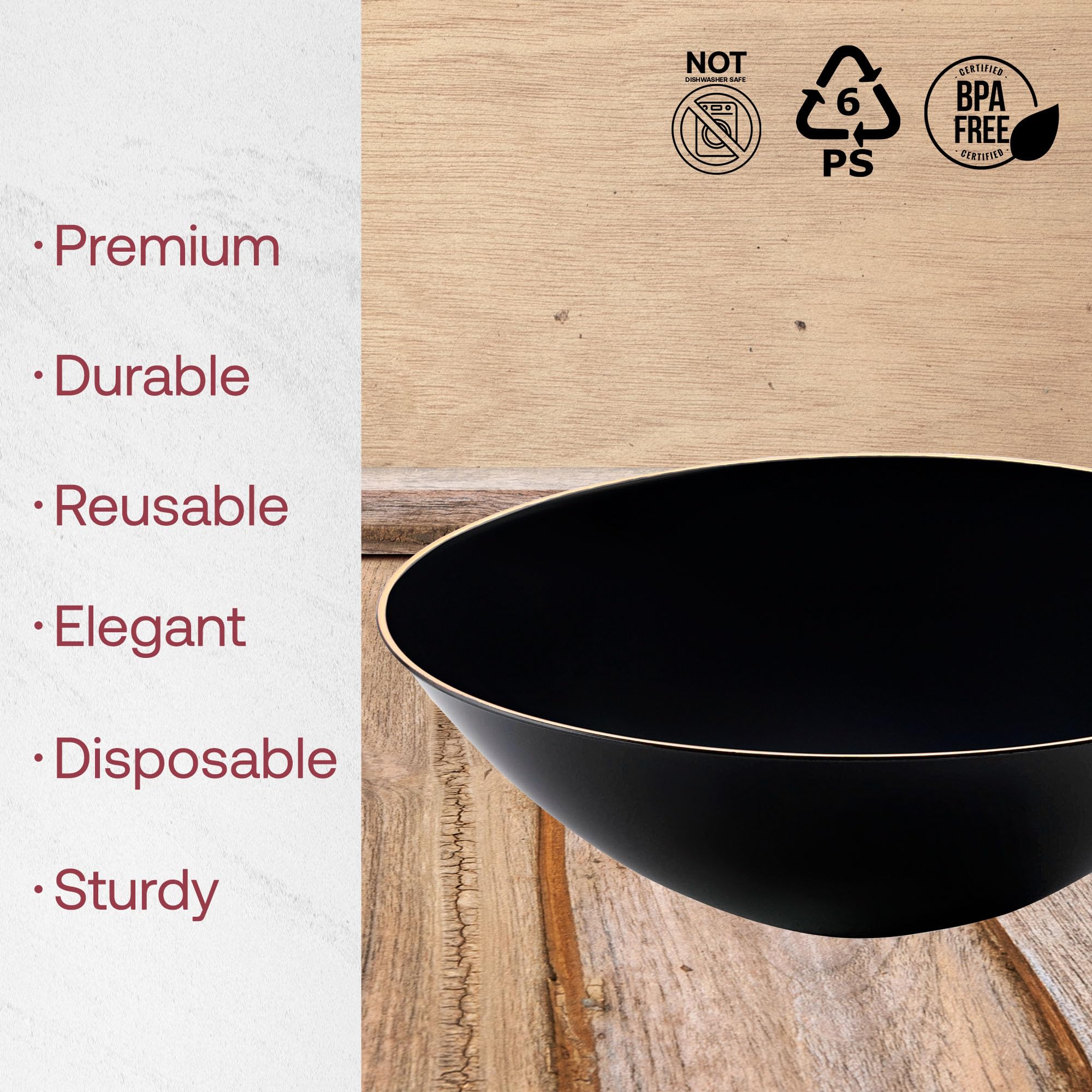 Smarty Had A Party 120 Disposable Plastic Plates with Elegant Rim Design, 16 oz Black & Gold Soup Bowls - Round Dinnerware Set for Weddings, Birthdays, Parties & Special Occasions | Perfect for Catering, Events & Home Entertaining