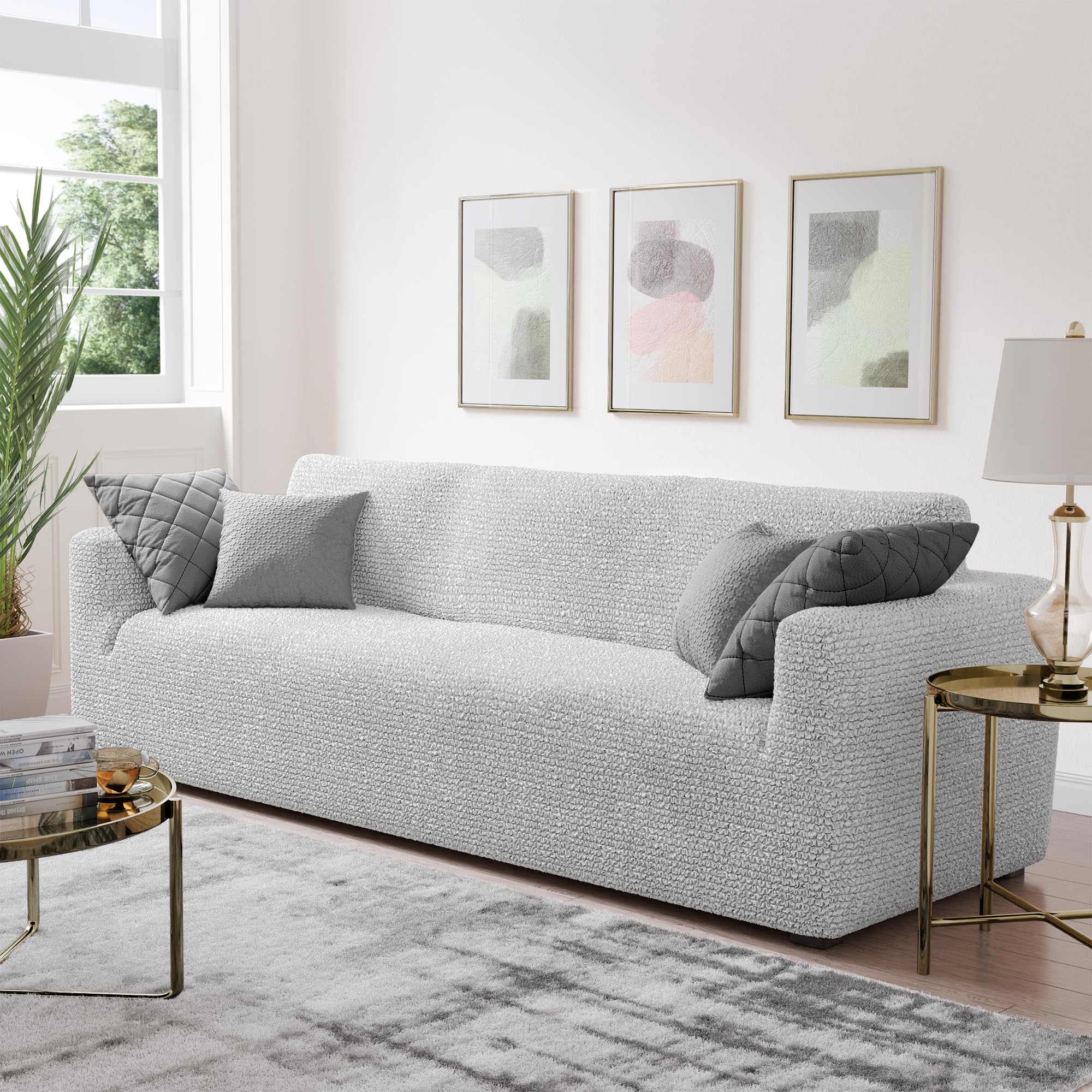 PAULATO BY GA.I.CO. Stretch Sofa Slipcover - Washable Microfiber Couch Cover with 1-Piece Form Fit - Soft & Stylish Furniture Protector for Pets - Light Grey - Perfect for Living Room, Family Room & Pet-Friendly Homes