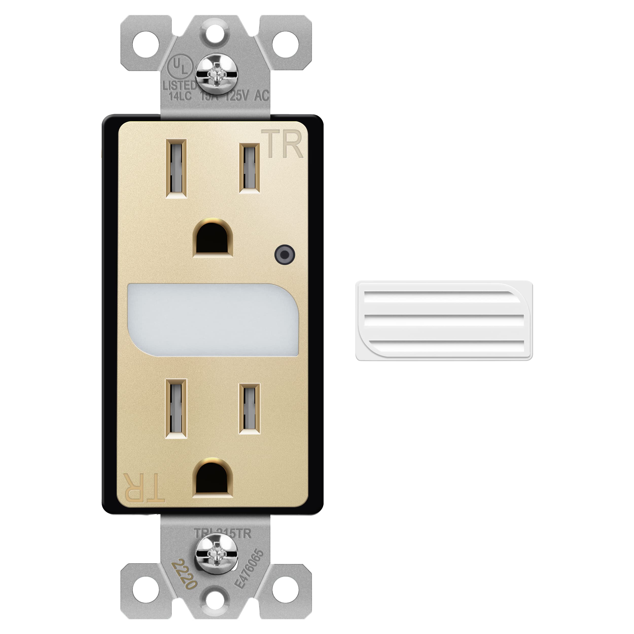 Topgreener TGL215TR-GD Gold LED Night Light Outlet with Auto Daylight Sensor - 125VAC/15A Tamper-Resistant Wall Receptacle - Perfect for Hallways, Bedrooms & Bathrooms