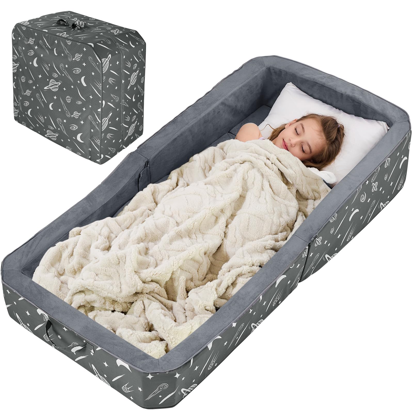 JOYWOO Toddler Floor Bed - Foldable Portable Travel Bed for Kids 3-6 Years | Washable Cloth Cover | Perfect for Home, Playtime, Naps & Hotels | Charcoal Grey Kids Sleeping Cot for Daycare & Sleepovers