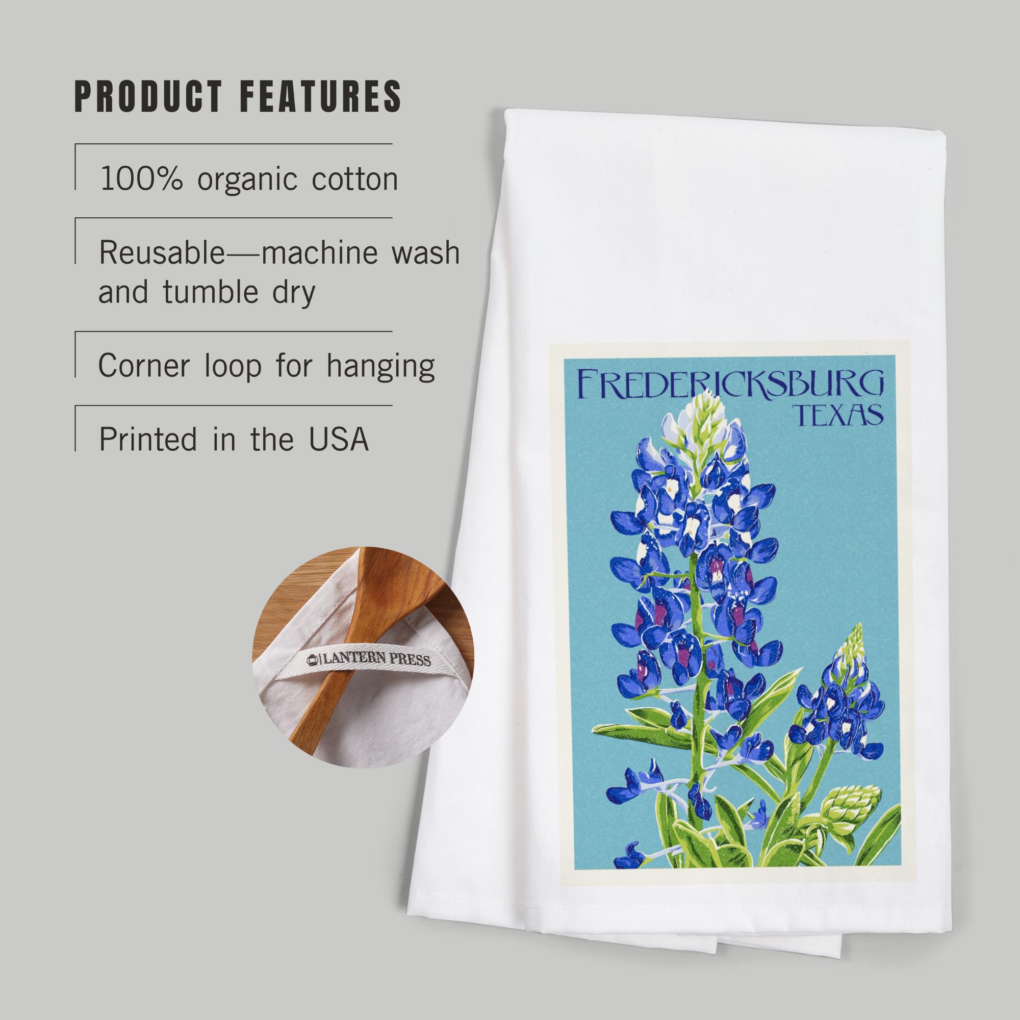 Fredericksburg Texas Bluebonnet Letterpress Tea Towel - 100% Cotton Decorative Hand Towel for Kitchen & Home | Perfect for Gift, Decor & Daily Use