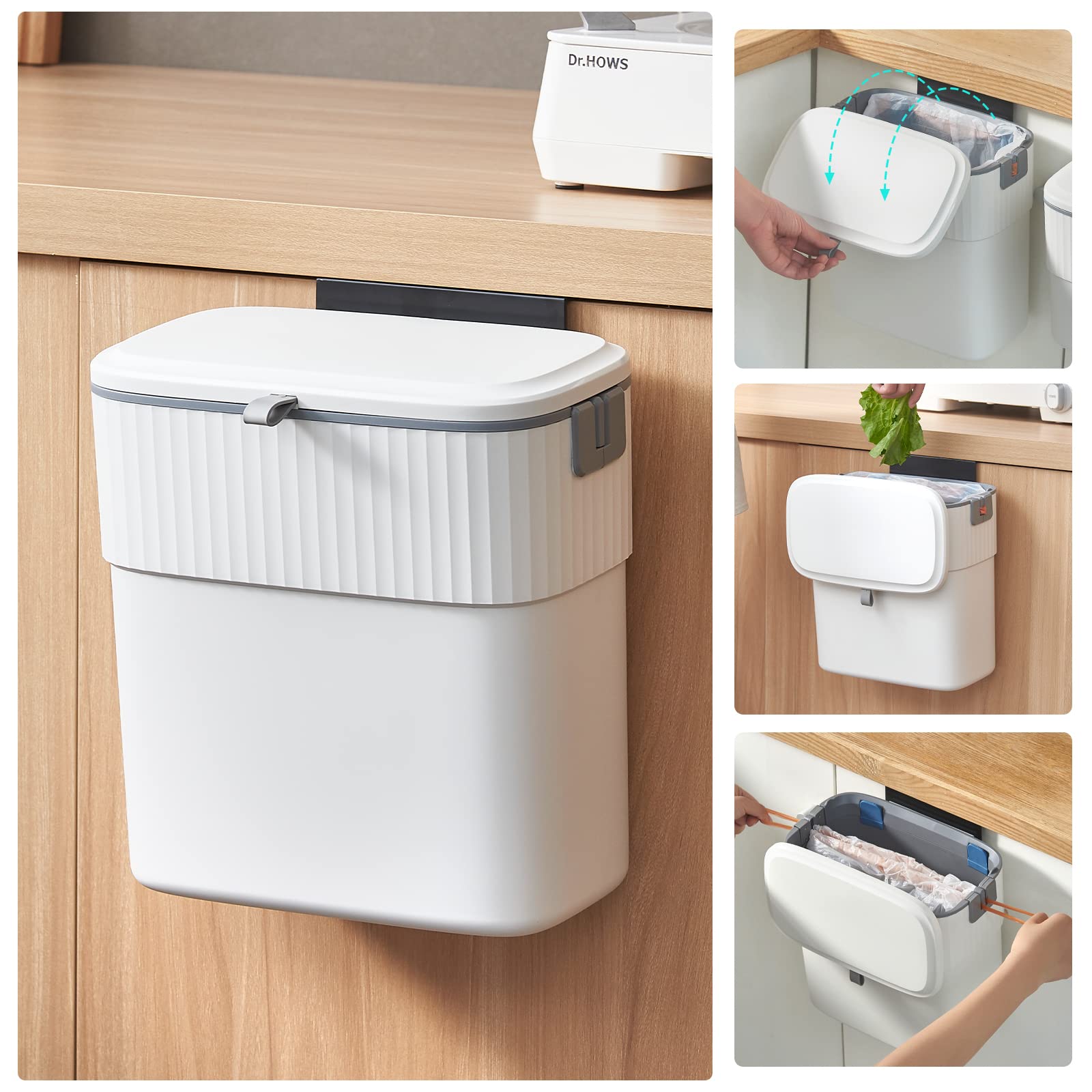 ELPHECO 2.5 Gallon Hanging Trash Can with Lid - Under Sink Kitchen Compost Bin, Wall-Mounted Plastic Garbage Can for Small Spaces, Compact Trash Bin for Cupboard & Countertop - Perfect for Kitchen, Bathroom, Office & RV Use