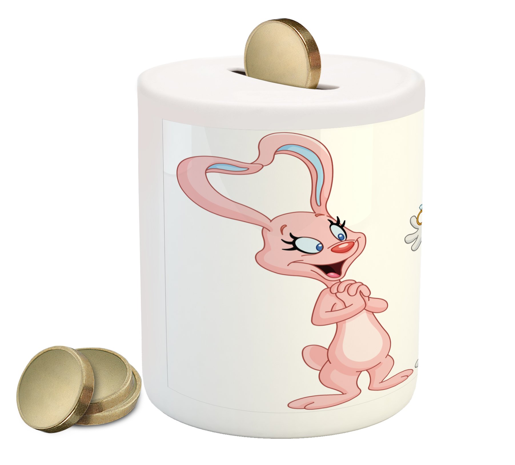 Ambesonne Ceramic Piggy Bank with Cartoon Bunnies Wedding Proposal Art - Money Box for Cash Savings in Pale Pink & Grey | Perfect Engagement Party Gift, Wedding Shower Favor & Home Decor