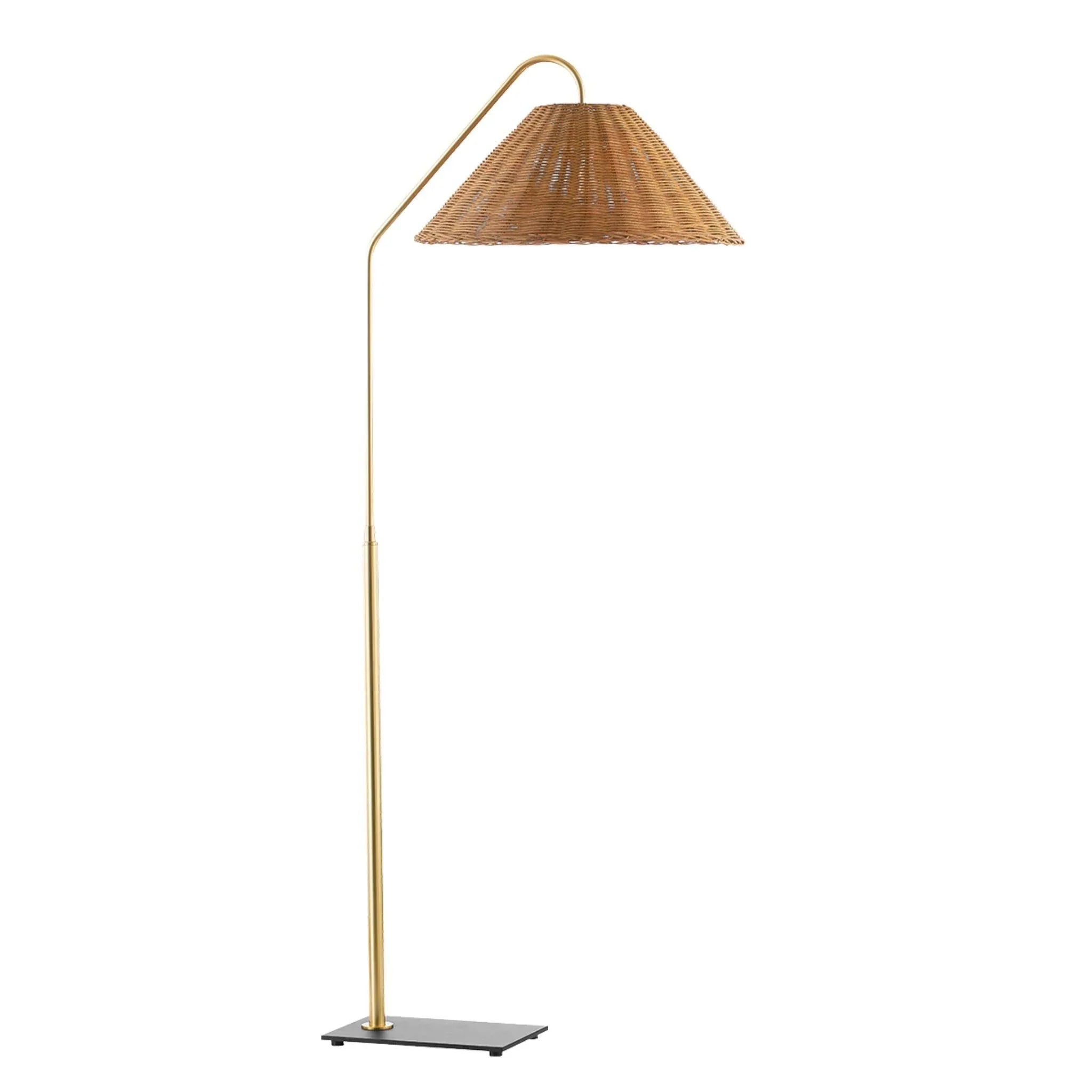 Vintage Aged Brass Lauren Floor Lamp with Woven Rattan Shade - Modern Farmhouse Lighting for Living Room, Bedroom & Office Decor