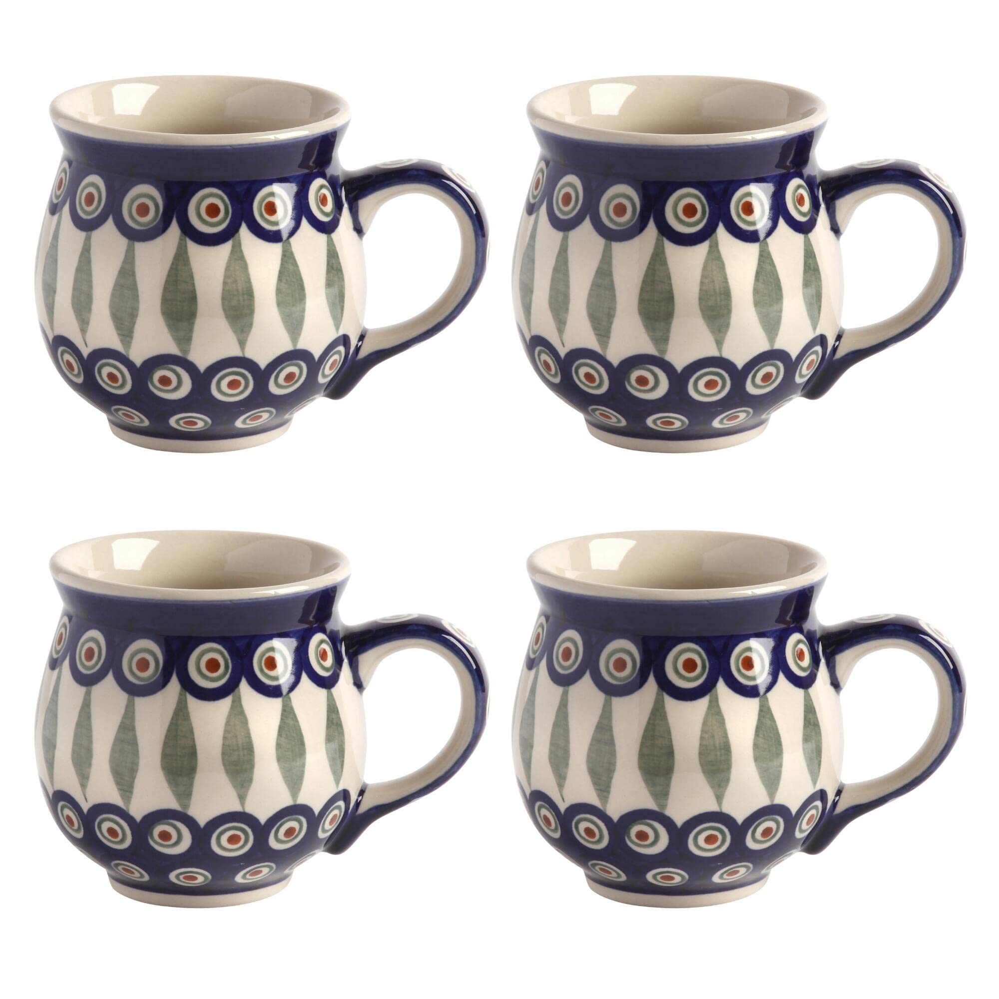 Handmade Polish Pottery Peacock Feather Bubble Barrel Mugs - Set of 4 Ceramic Coffee Cups for Home, Office & Gift Giving | Rustic European Style Drinkware for Tea, Hot Chocolate & Espresso