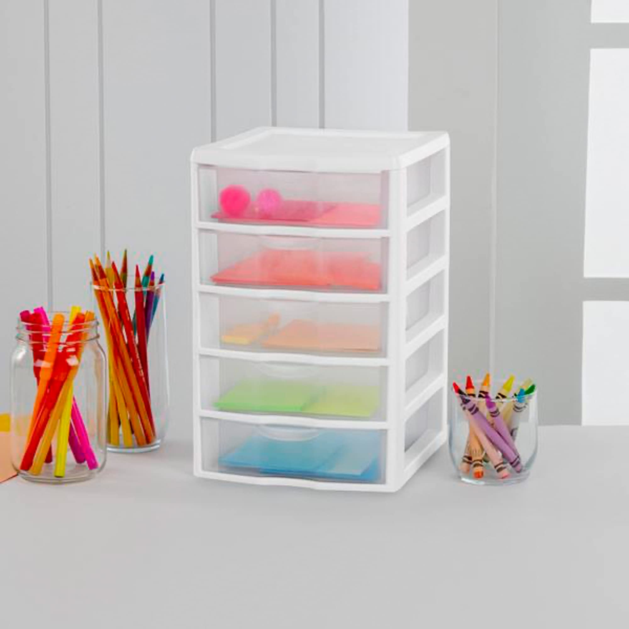 Sterilite Small 5-Drawer Desktop Storage Organizer - White with Clear Drawers (12-Pack) | Compact Tabletop Organizer for Home Office, Bathroom Countertop & Workspace | Perfect for School Supplies, Makeup Storage & Craft Organization