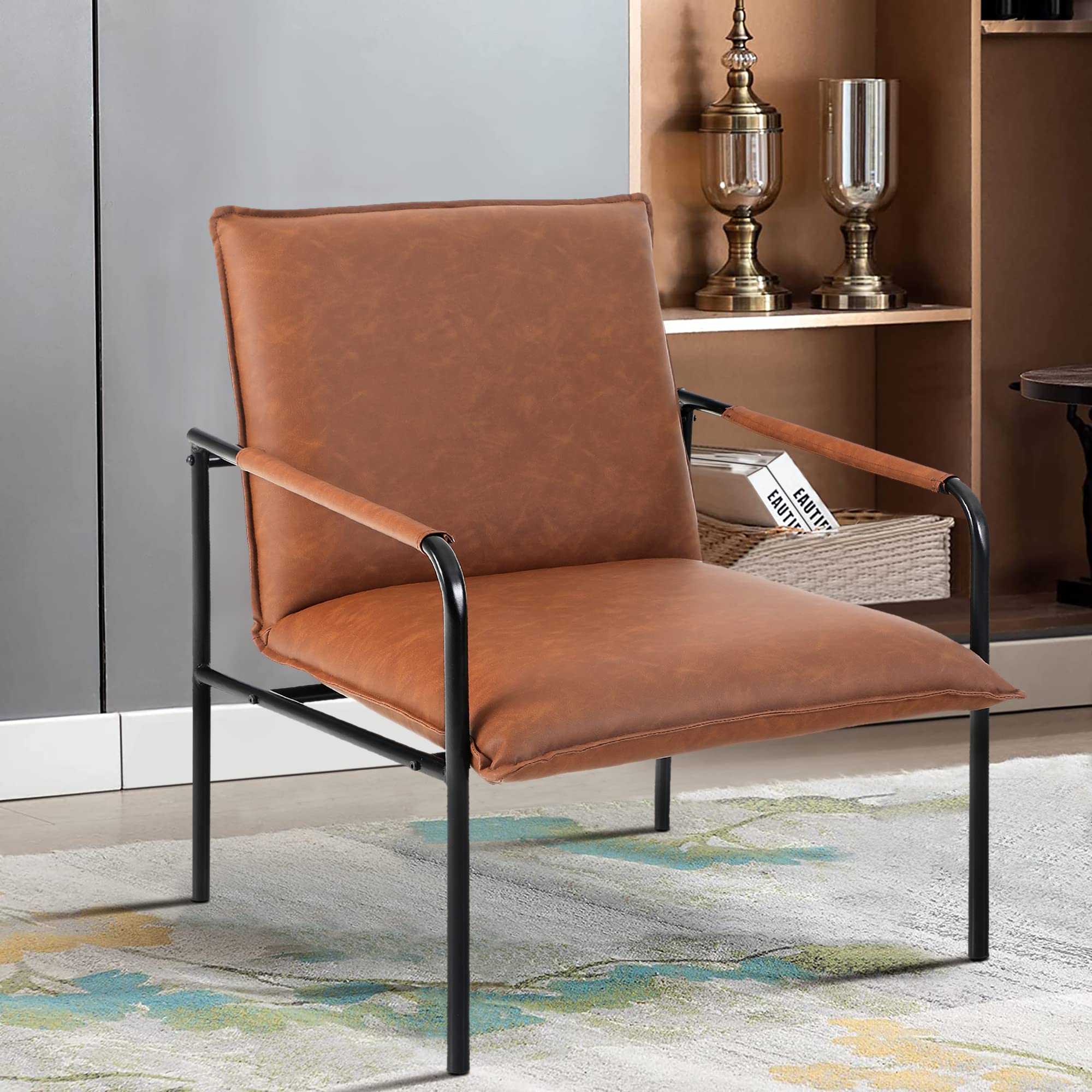 MAISON ARTS Mid Century Modern Faux Leather Accent Lounge Chair - Retro Steel Frame Armchair for Living Room, Bedroom & Office - 350LBS Weight Capacity - Pale Brown - Perfect for Small Spaces, Reading Nooks & Cozy Home Decor
