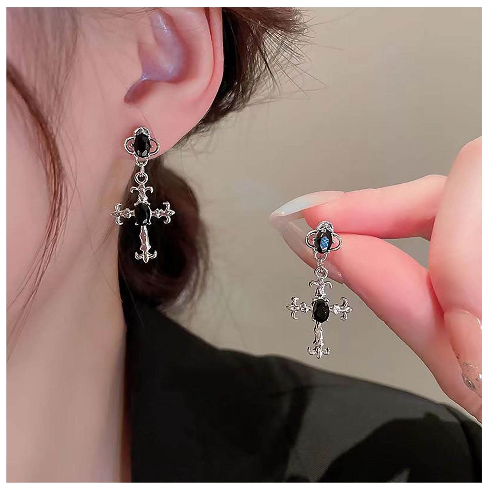 Gothic Cross Earrings for Women - Black Onyx & CZ Dangle Drop Earrings with Silver Cross Studs | Perfect for Halloween, Gothic Fashion & Alternative Jewelry Lovers