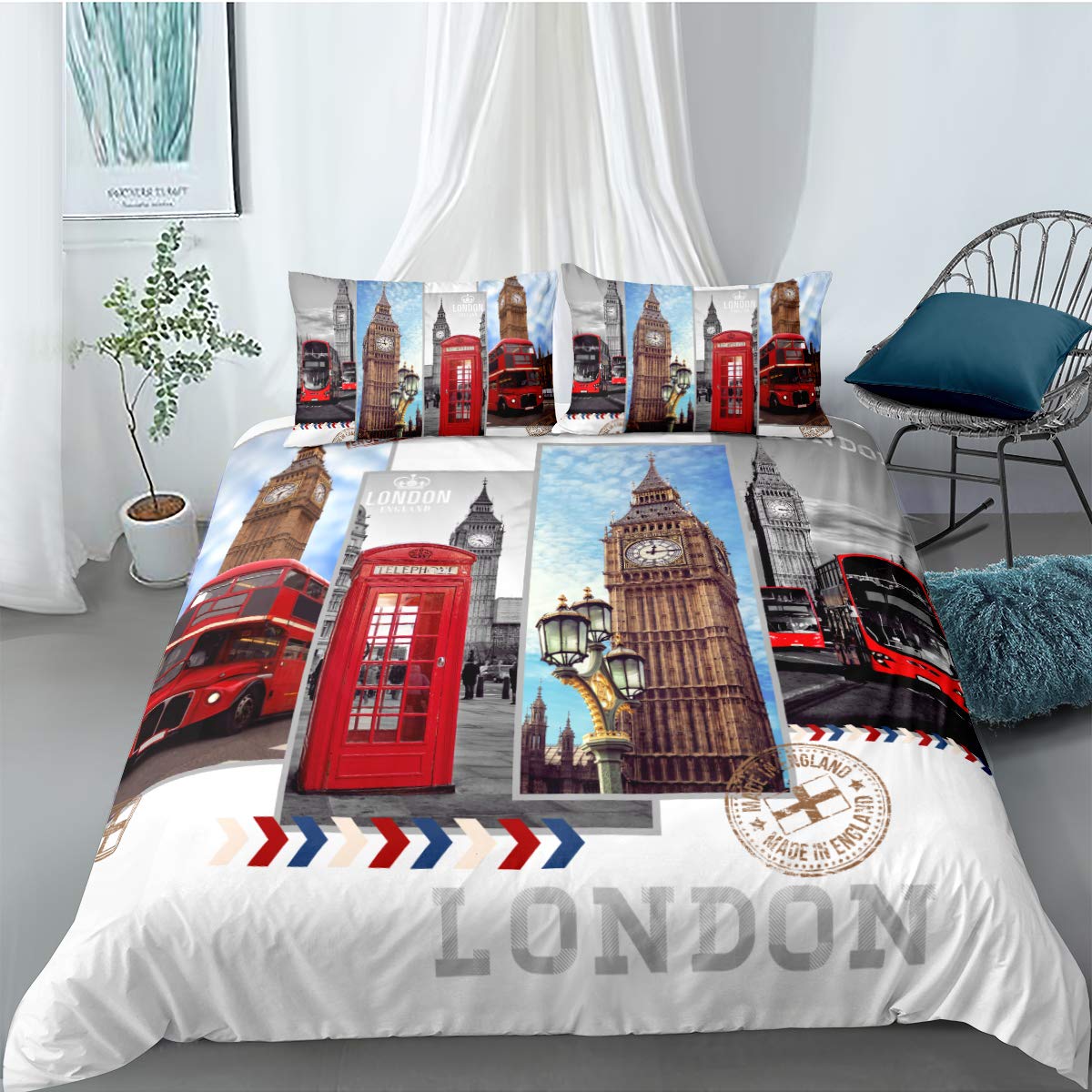 London Themed Duvet Cover Set - Soft Modern Comforter Cover with Famous Cityscape Print, King Size 3-Piece Bedding Set with Zipper Closure | Perfect for Kids' & Girls' Bedroom Decor, Gift Idea for Travel Lovers