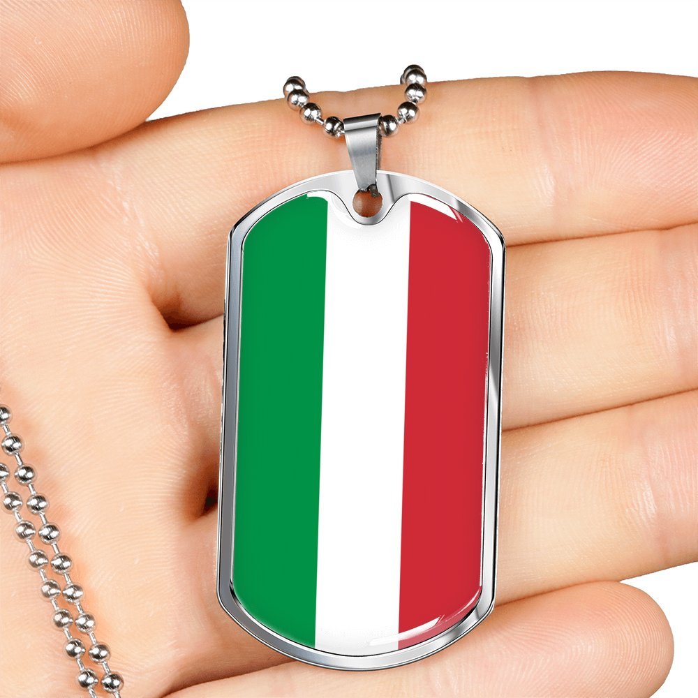 Italian Flag Dog Tag Necklace - Silver Military Chain with Glass Dome Pendant - 24