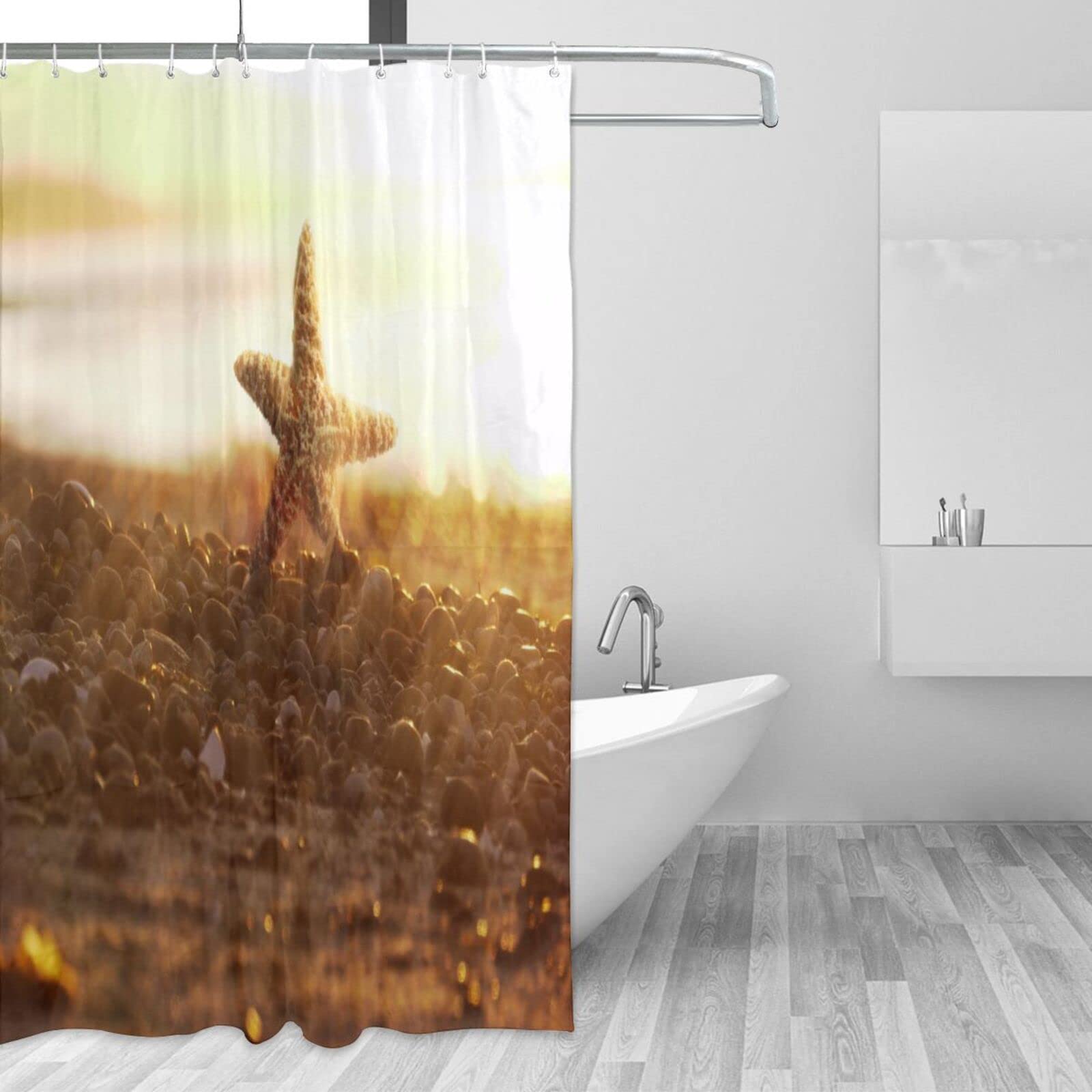 Waterproof Beach Starfish Shower Curtain Set - 72x72 Inch Polyester Fabric Bathroom Decor with Hooks for Bathtub & Spa | Coastal Bathroom Theme, Beach House Decor, Nautical Bath Accessories