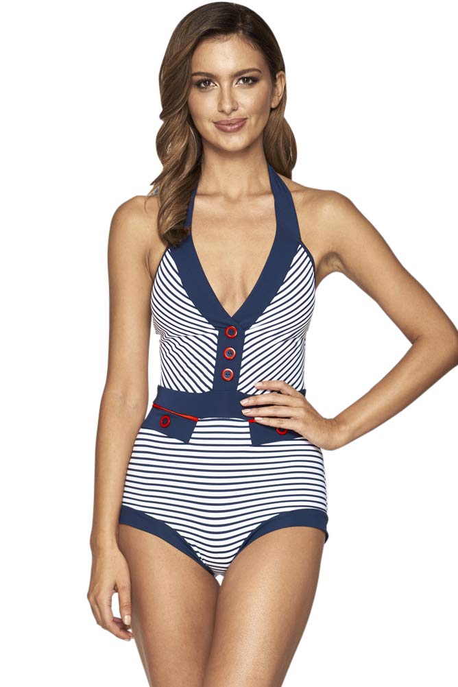 Jets Australia Retro Panama Striped Boy Leg One Piece Swimsuit - Vintage Style Swimwear for Women, High Waist Bathing Suit for Beach, Pool & Summer Vacation