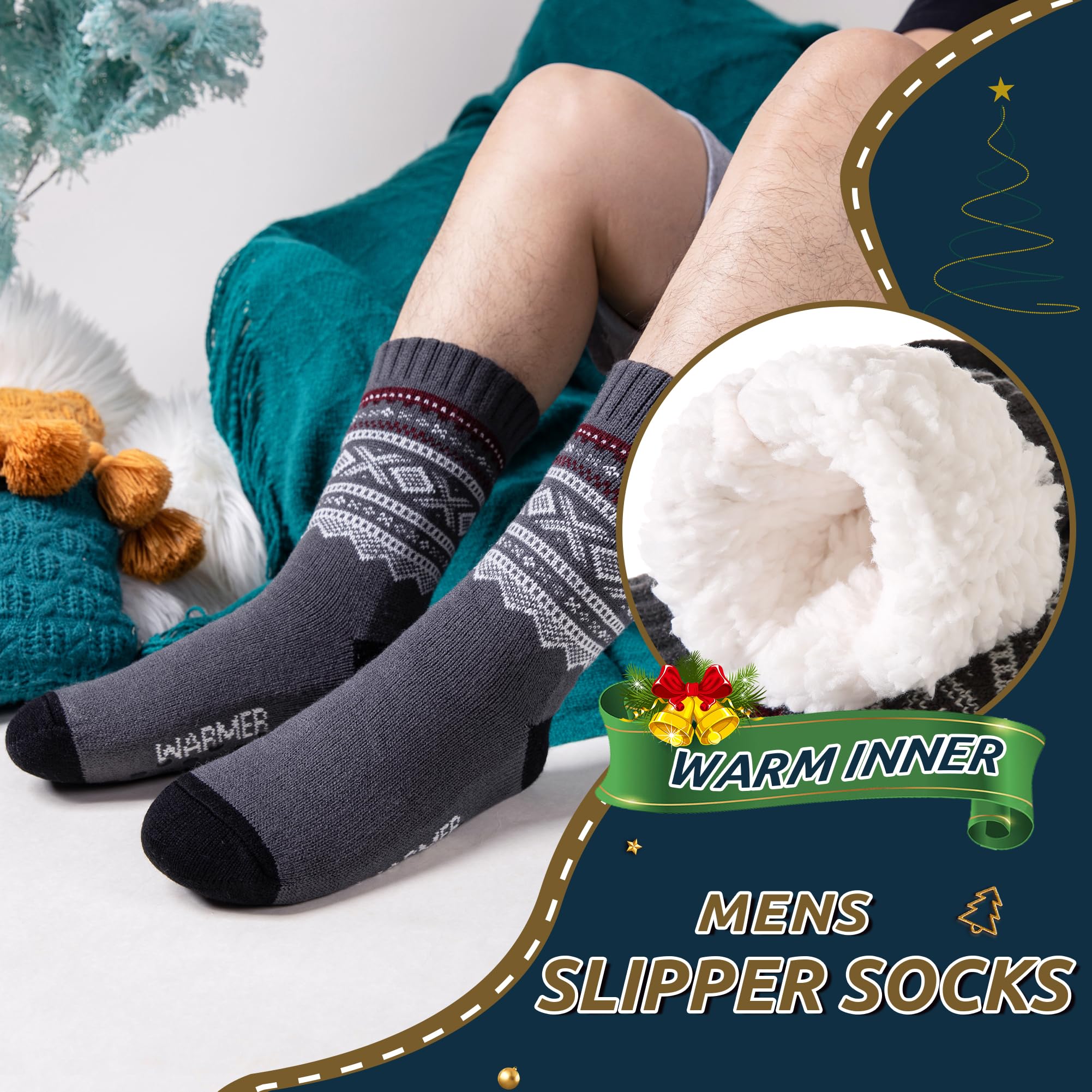 Men's Fleece Lined Thick Winter Slipper Socks - Non-Slip Fuzzy Warm House Shoes for Indoor Comfort & Cozy Sleeping - Perfect for Cold Weather, Lounging at Home and Relaxation