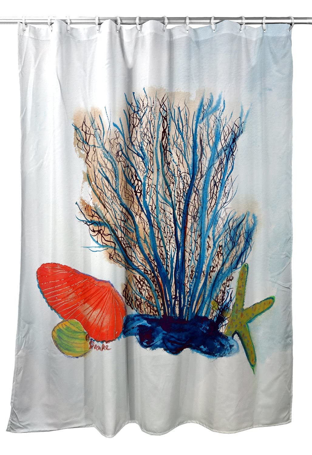 Betsy Drake Coral & Shells Shower Curtain - Waterproof Bathroom Decor with Tropical Design for Coastal & Beach Themed Homes - Perfect for Bathrooms, Guest Rooms, and Vacation Rentals