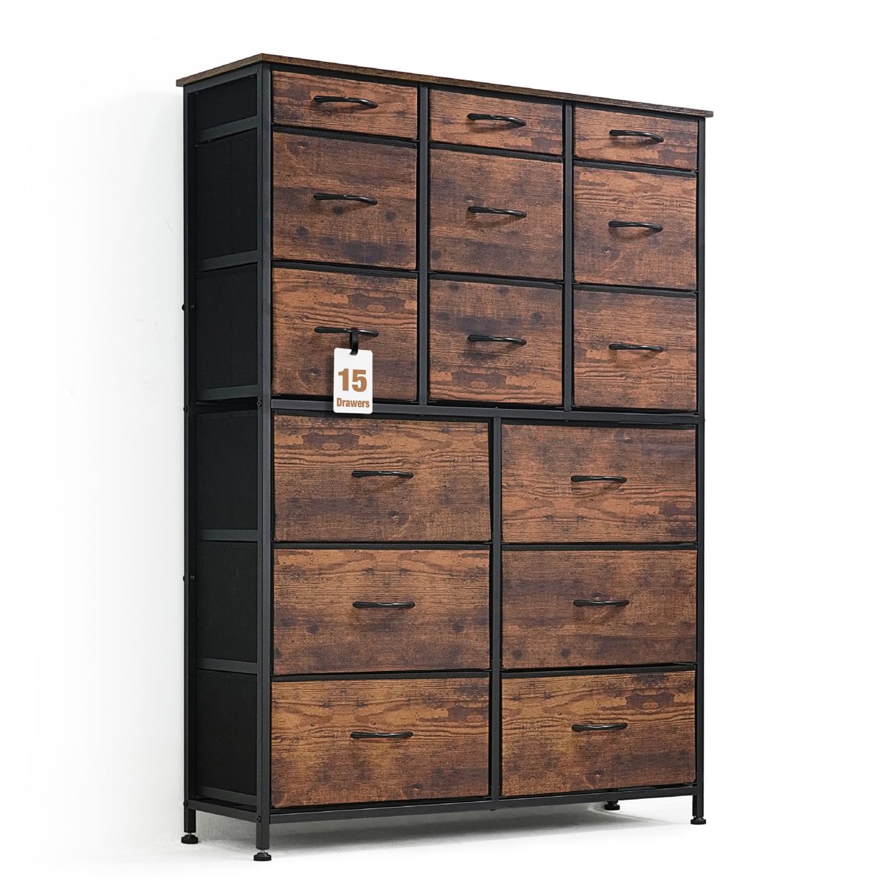 CAPHAUS 15-Bin Fabric Drawer Storage Tower with P2 Board Top - Laundry Organizer, Clothes Sorter, Multi-Purpose Chest of Drawers for Bedroom, Hallway & Office - Rustic Oak Finish for Home Organization