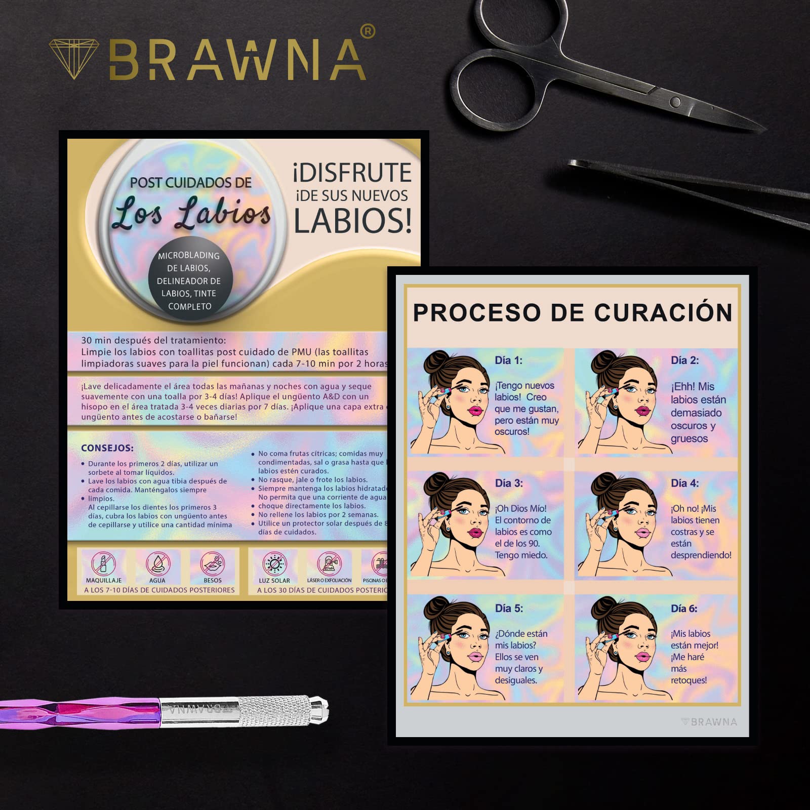 BRAWNA 50 Pack Lip Blush Aftercare Cards - Professional PMU Supplies for Lip Blushing - 5.5 x 4.25 Inches - Perfect for Tattoo Artists & Beauty Salons
