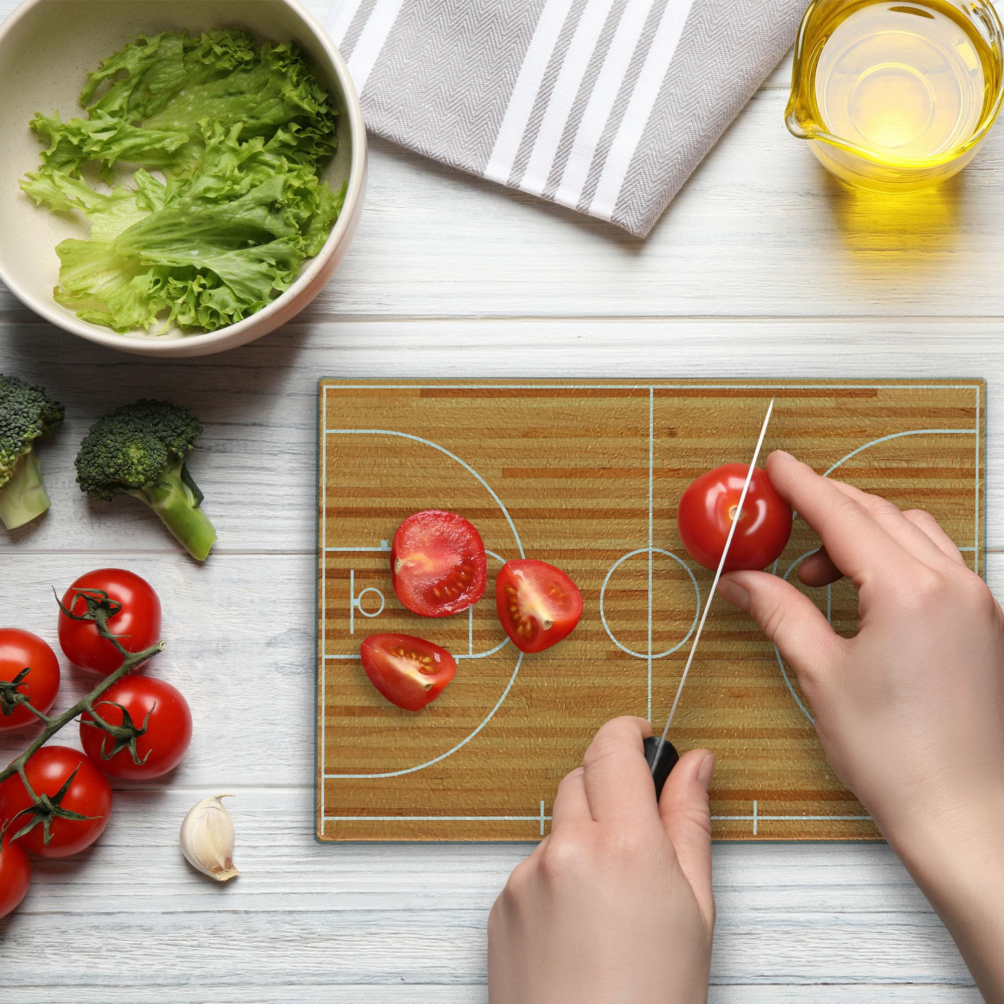 Lunarable Sports Themed Tempered Glass Cutting Board - Basketball Court Playground Print on Parquet Backdrop - Decorative Small Brown & White Serving Board for Kitchen, Dining & Party Use