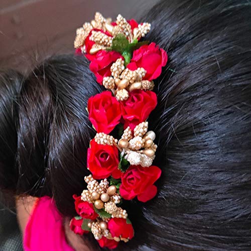Glamyou Women's Floral Bun Juda Maker Hair Accessories - Red Gajra for Bridal, Party & Traditional Hairstyles
