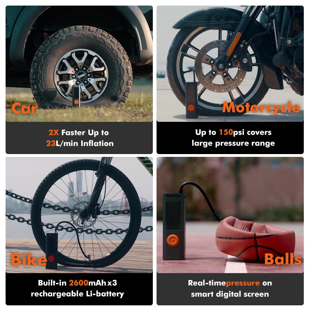 ZETTA 1024 Portable Air Compressor - 150 PSI Electric Tire Inflator for Car, Motorcycle & Balls | Fast Inflation with LED Light & 5 Nozzles | Perfect for Road Trips, Camping & Emergency Tire Repair