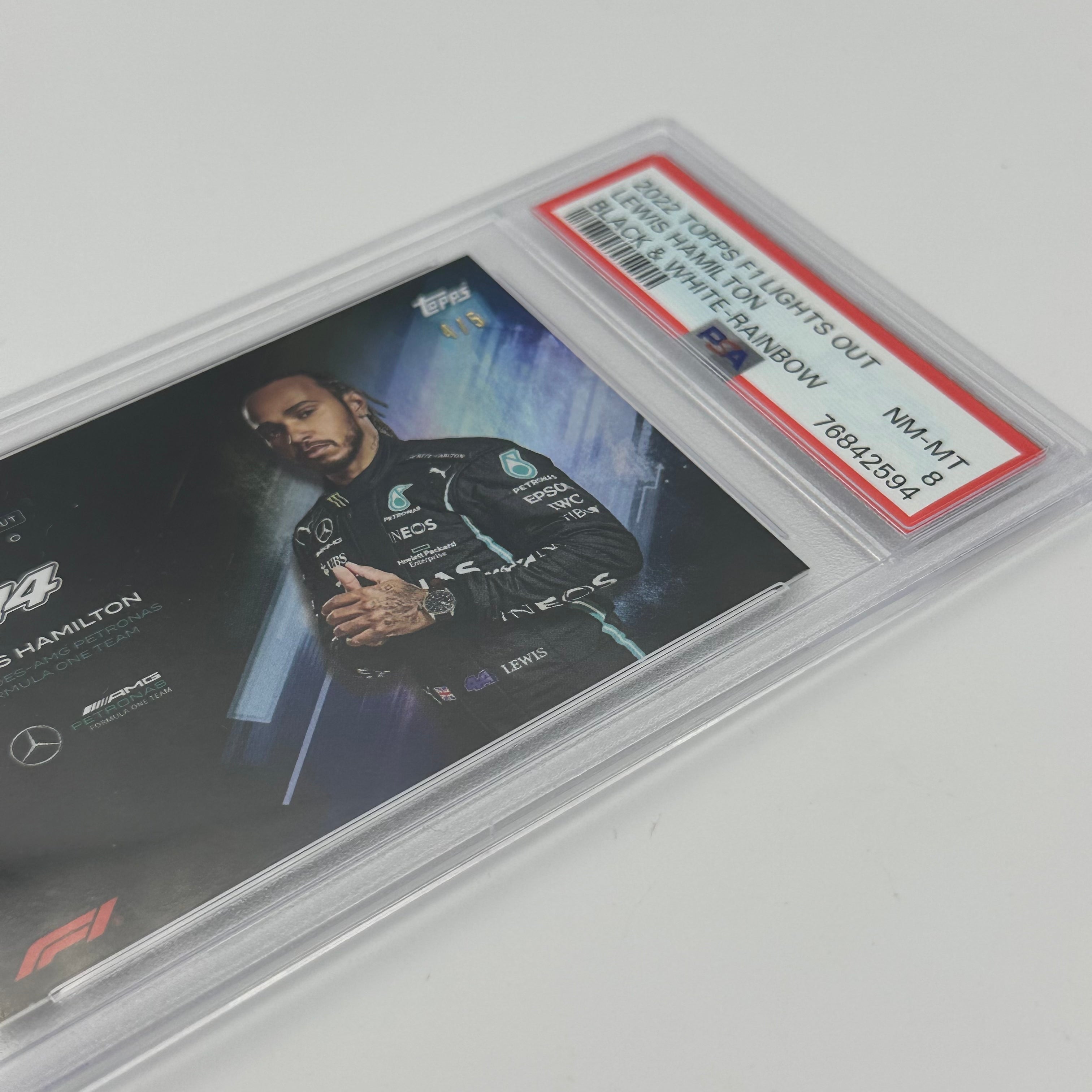 PSA 8 Graded Lewis Hamilton 4/5 Black & White Rainbow Foil Trading Card - Perfect for Collectors, Investors & F1 Memorabilia Enthusiasts