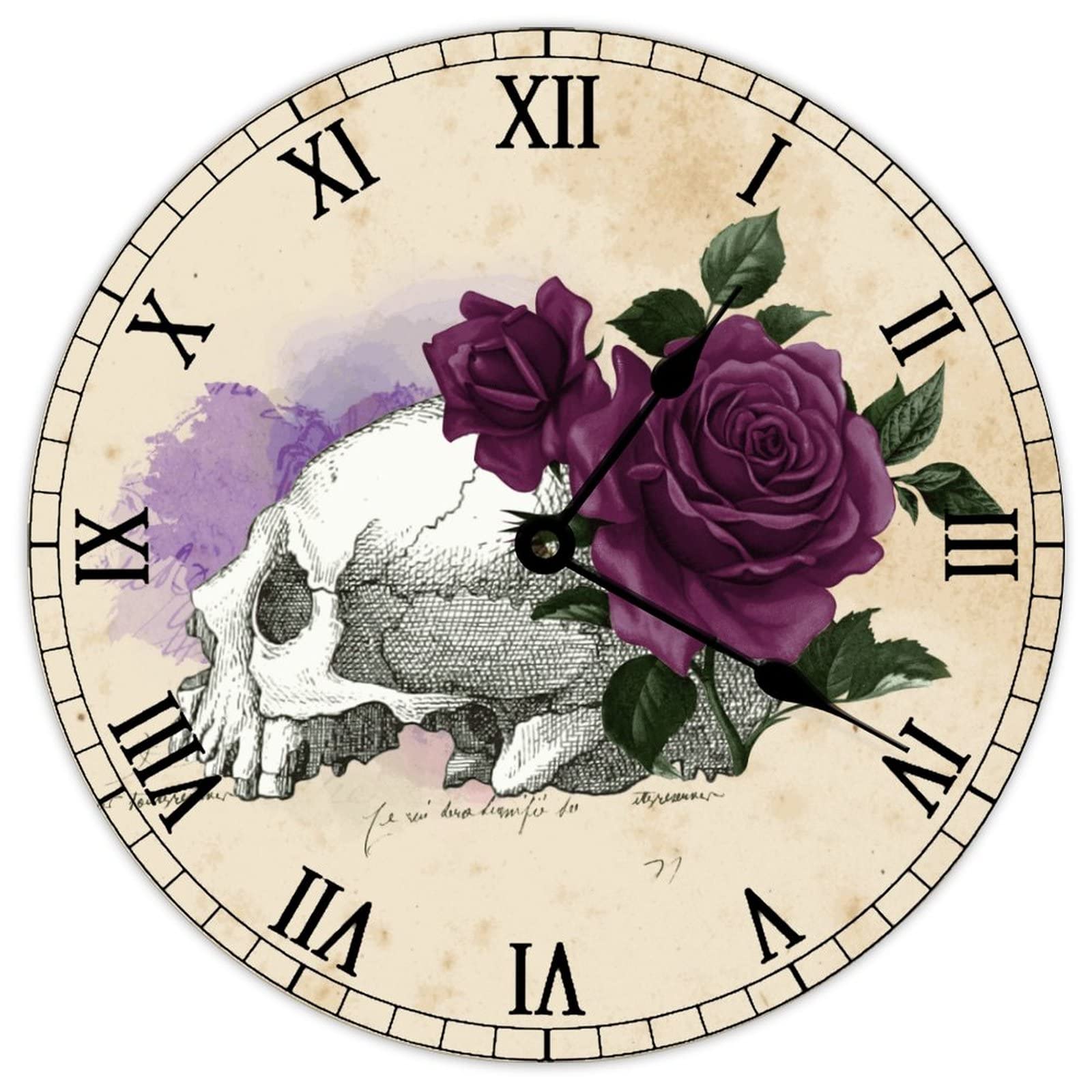 Vintage French Farmhouse Wall Clock with Witch Skull Design - 12 Inch Wooden Retro Country Wall Clock - Battery Operated for Easy Use - Perfect Home Decor for Kitchen, Living Room, Bedroom & Office - Ideal for Gothic, Halloween or Vintage Themed Rooms