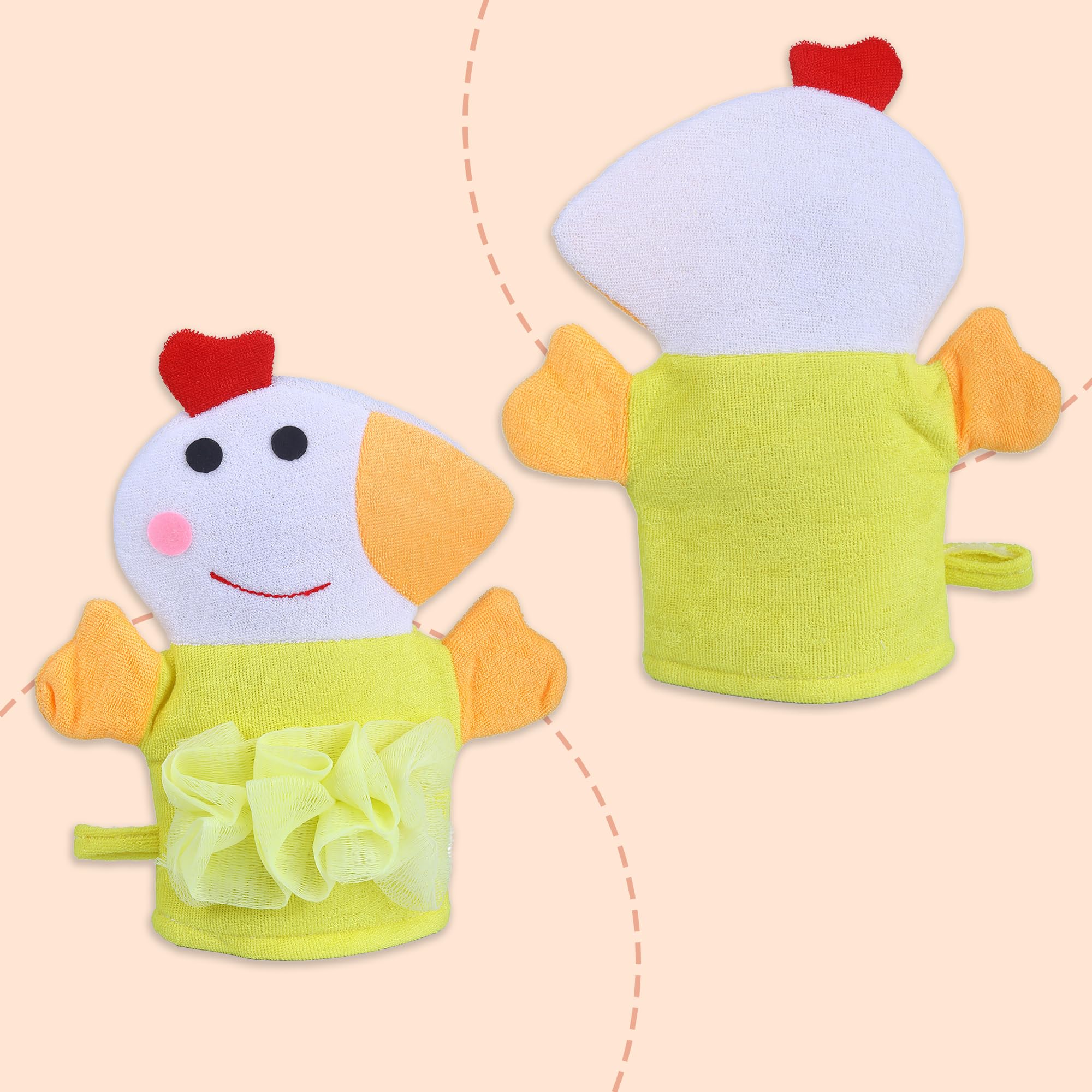 BabyMoo Sweet Hen Yellow Cute Hand Puppet Bath Wash Gloves & Washcloth Mitt for Kids, Toddlers & Infants - Soft Terry Cloth Body Scrubber for Mommy & Baby Boy/Girl - Fun Bath Time Toy for Sensory Play & Baby Skin Care