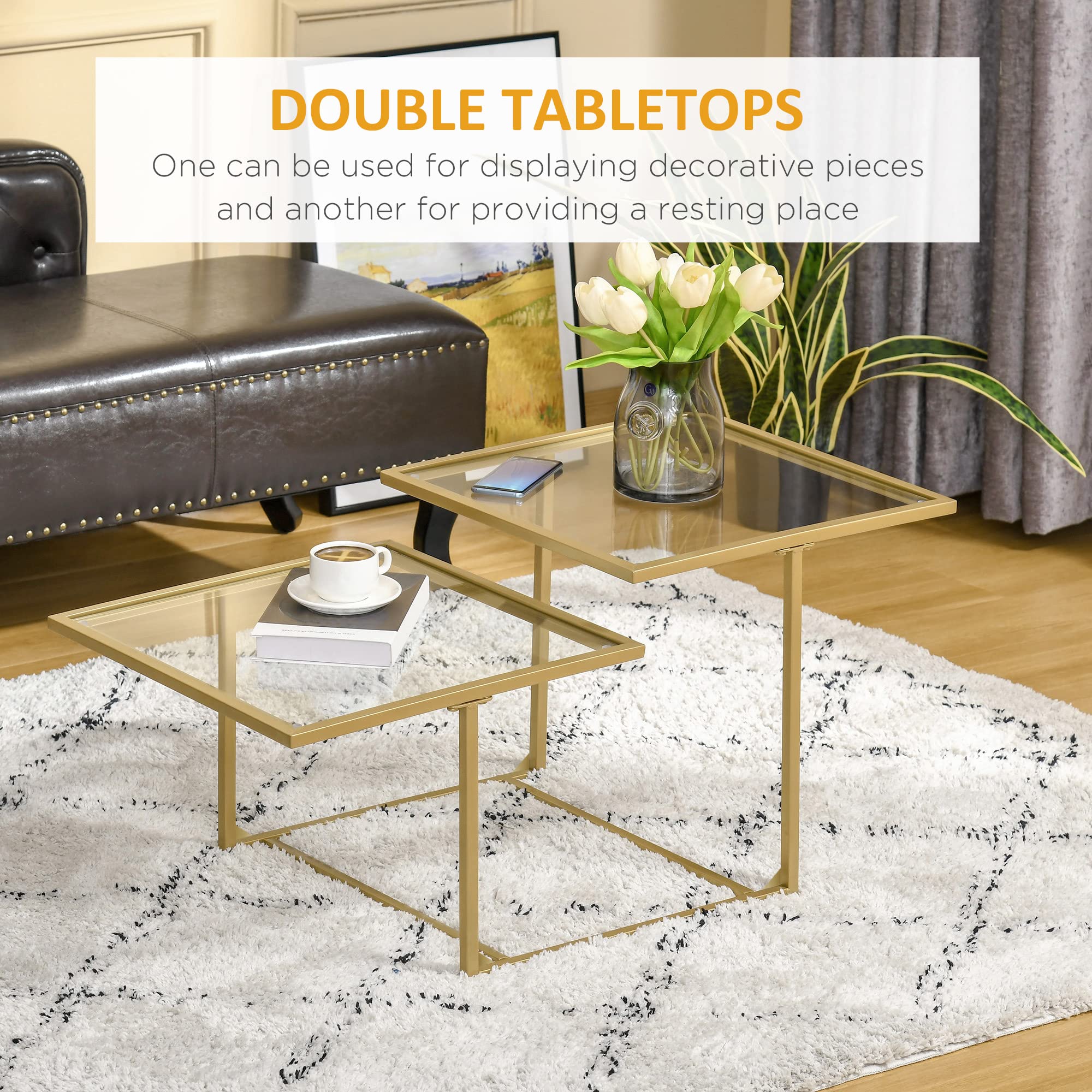 HOMCOM Modern Gold Tempered Glass Coffee Table with 2 Square Tabletops - Stylish Living Room & Bedroom Furniture for Home Decor | Perfect for Small Spaces & Entertaining Guests