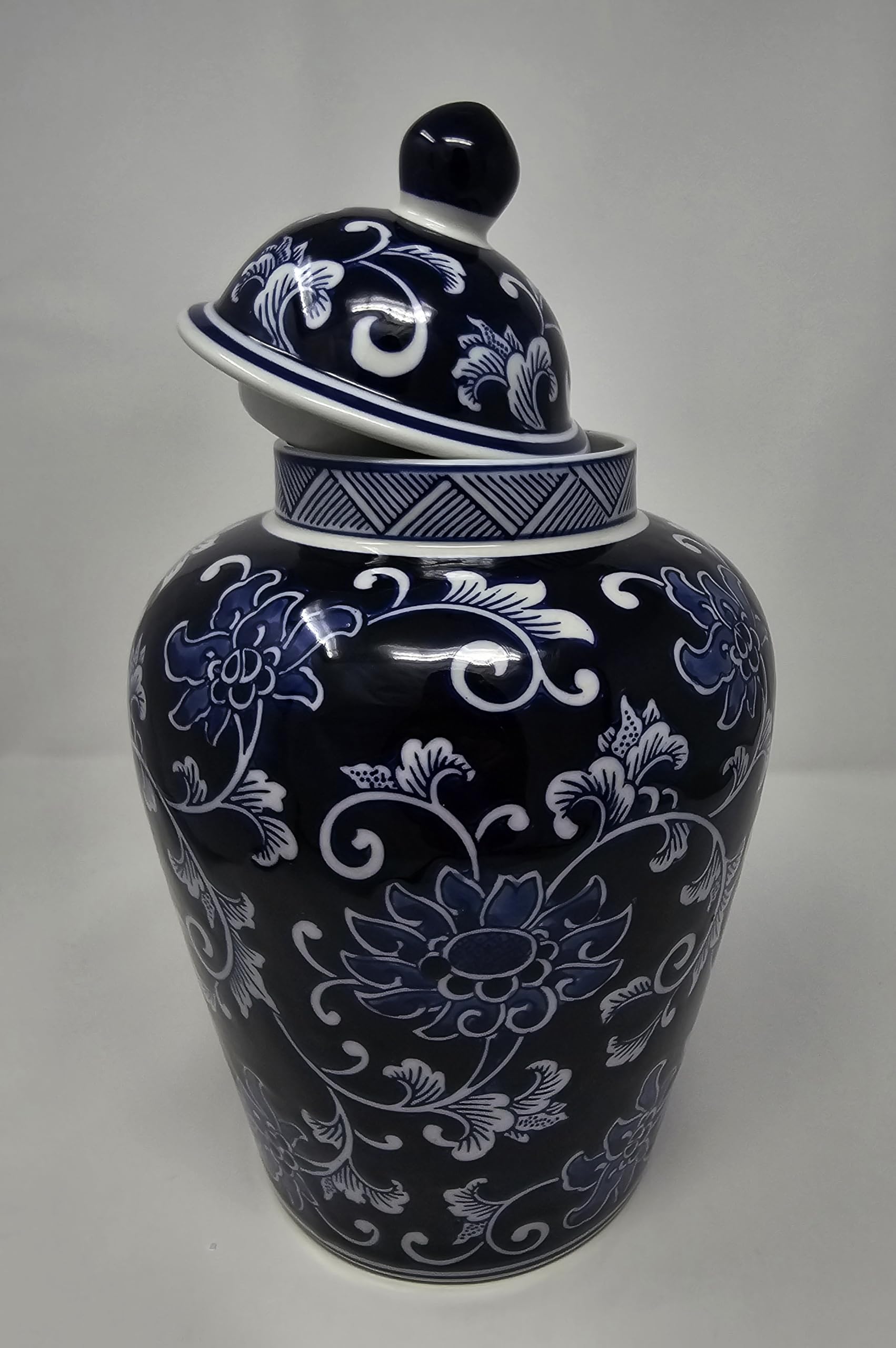 Festcool 12.5 Inch Blue and White Porcelain Floral Temple Ginger Jar Vase - Qing Dynasty Style Decorative Vase for Home Decor, Living Room Centerpiece, Asian-Inspired Interior Design