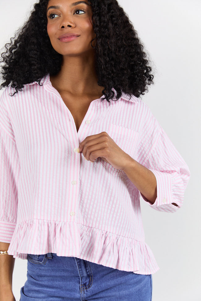 Stylish Pink Ruffle Hem Striped Button Down Blouse for Women - Trendy Textured Shirt for Office, Date Night & Casual Outfits