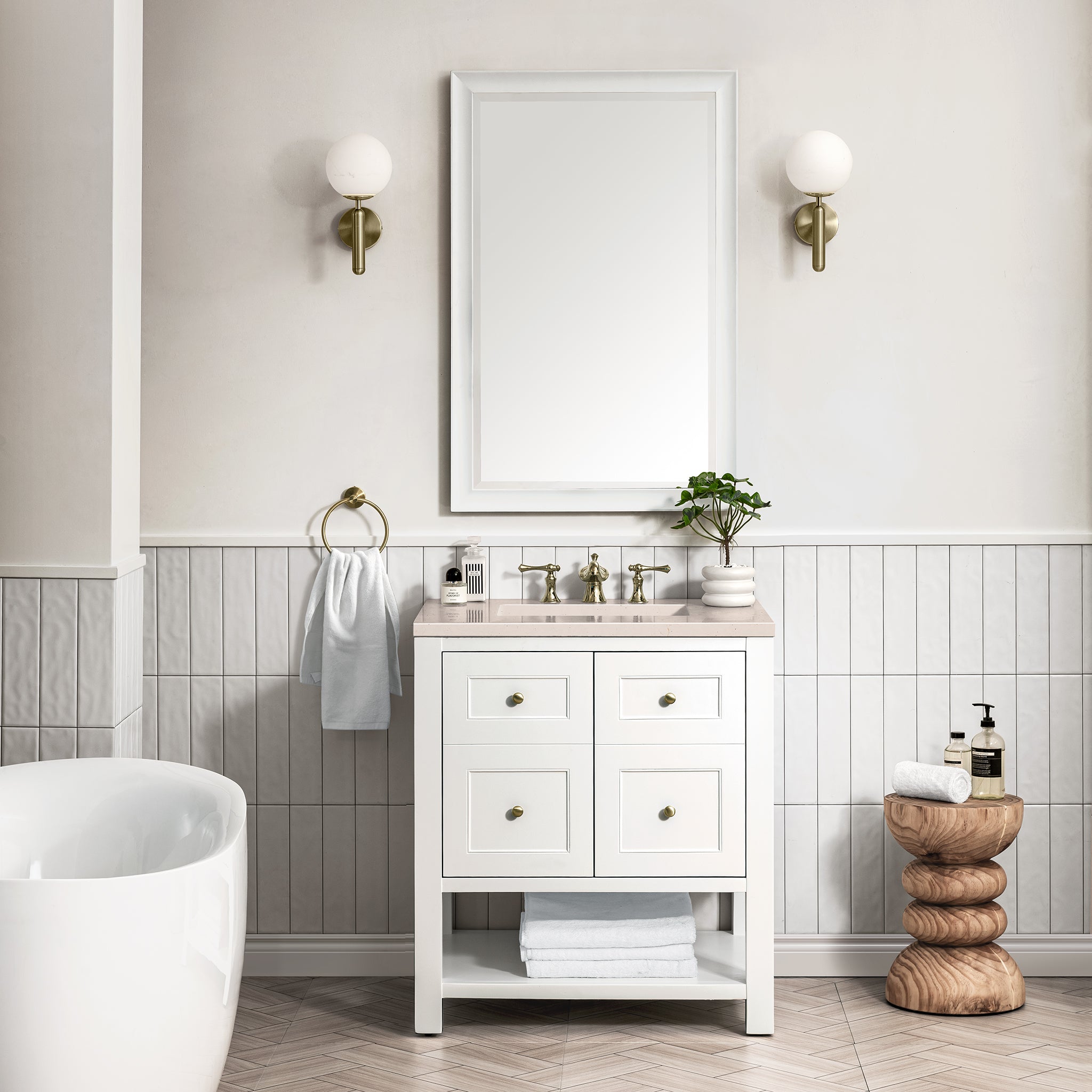 Breckenridge 30 Inch Single Bathroom Vanity Set with Bright White Finish & 3CM Eternal Marfil Stone Top - Perfect for Modern Master Bathrooms and Guest Bath Remodels