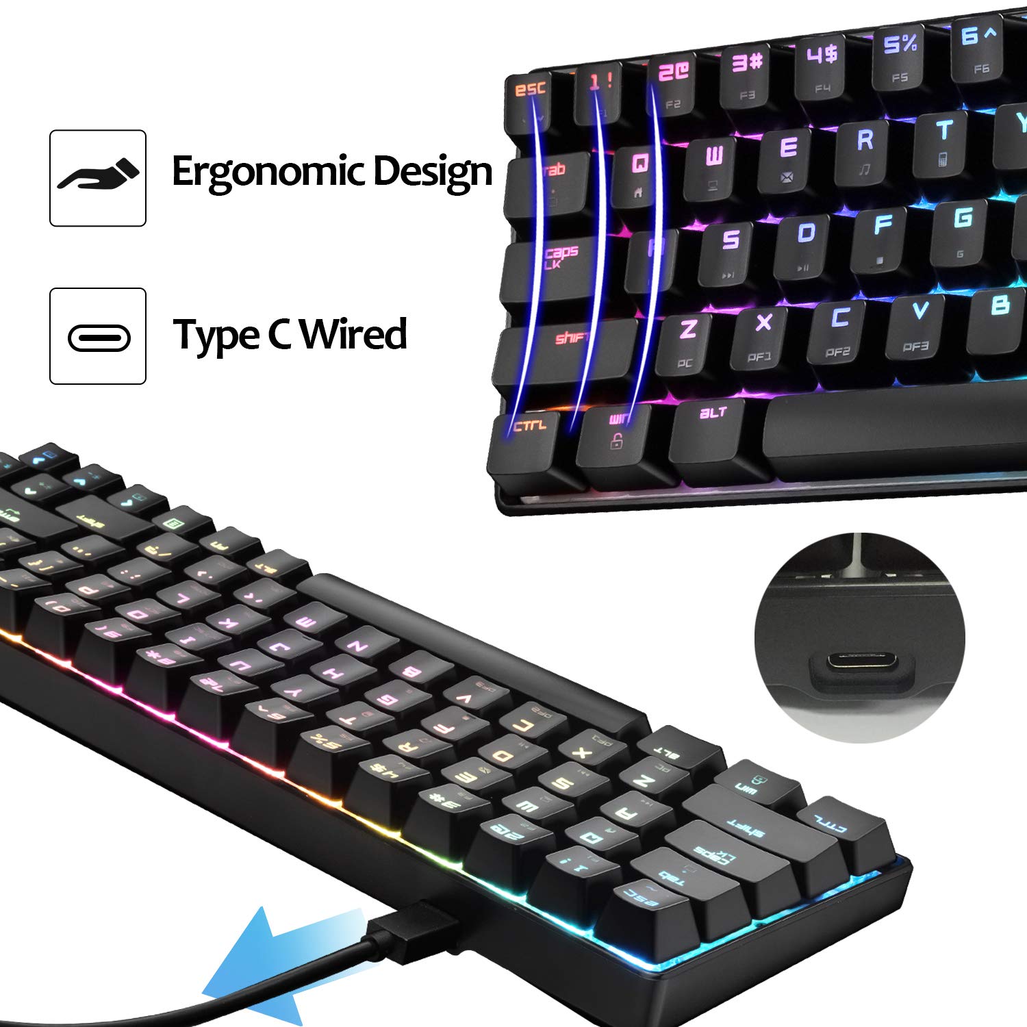 60% RGB Mechanical Gaming Keyboard - 68 Keys, USB Type-C, Waterproof for PC Gamers