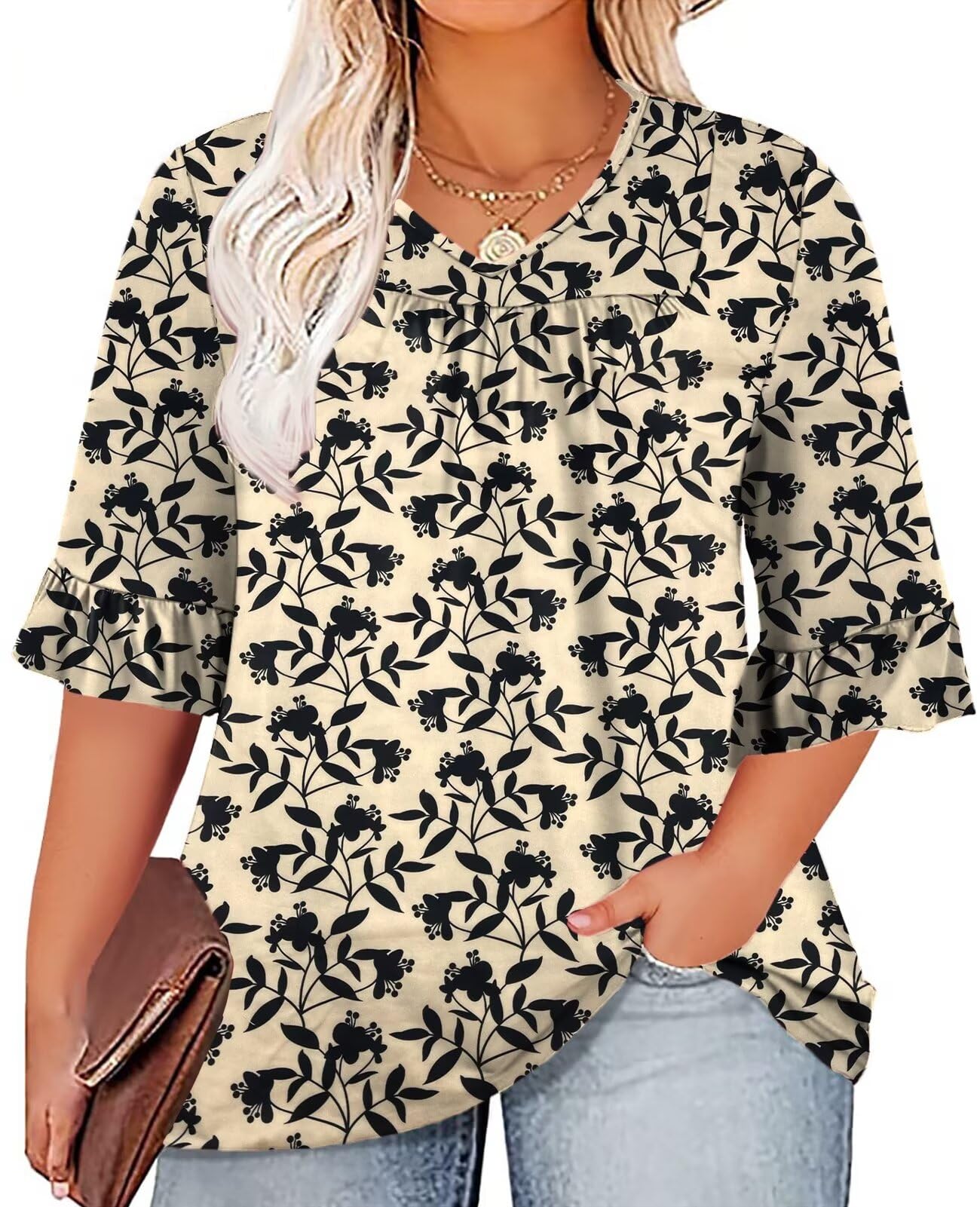 Plus Size V Neck Tunic Top - Flowy Pleated Blouse for Women | Casual & Dressy
