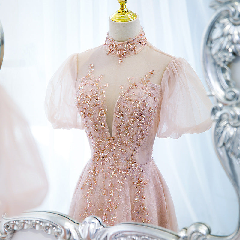 Fairy Pink Tulle Prom Dress for Girls | Formal Party Dress with Short Sleeves | Evening Gown for Homecoming, Sweet 16, Quinceañera & Special Occasions