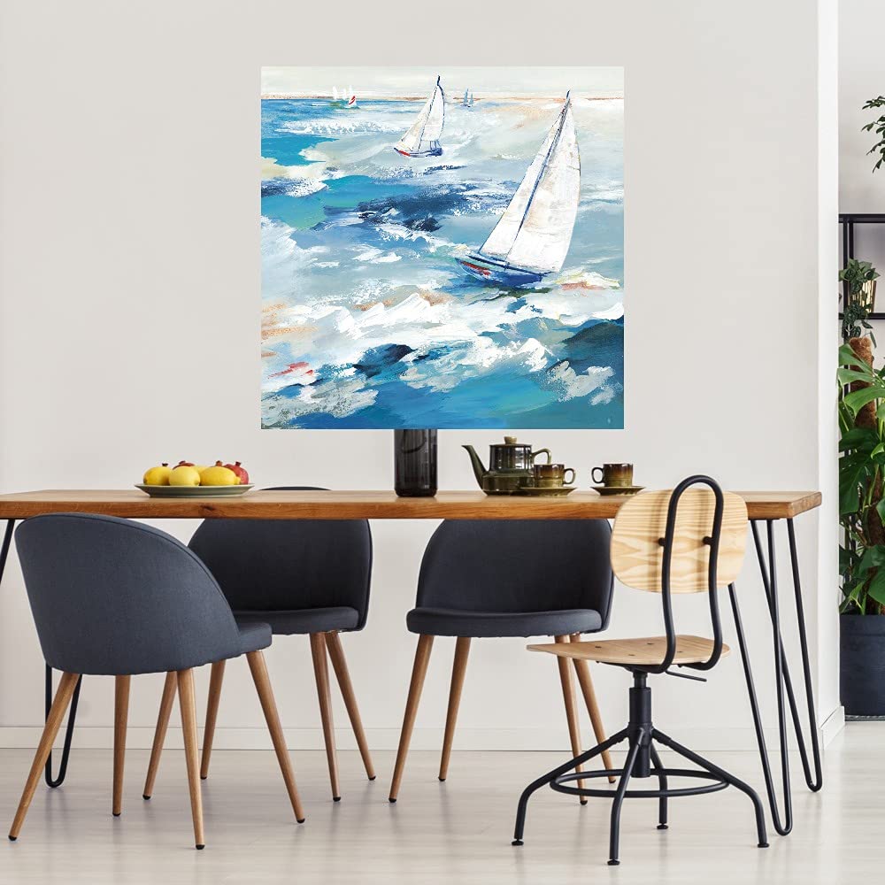 Smooth Sailing Fine Art Canvas Wall Decor by Artist Lera - 22x22 Inch Ready to Hang Painting for Living Room, Bedroom, Office & More - Coastal Nautical Home Decor Perfect for Beach Houses & Relaxing Spaces