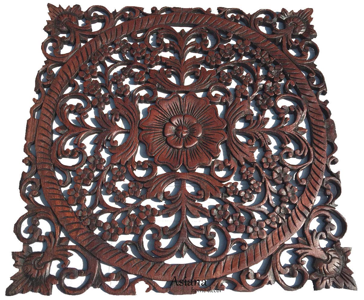 Oriental Carved Wood Wall Art - Floral Asian Home Decor for Living Room