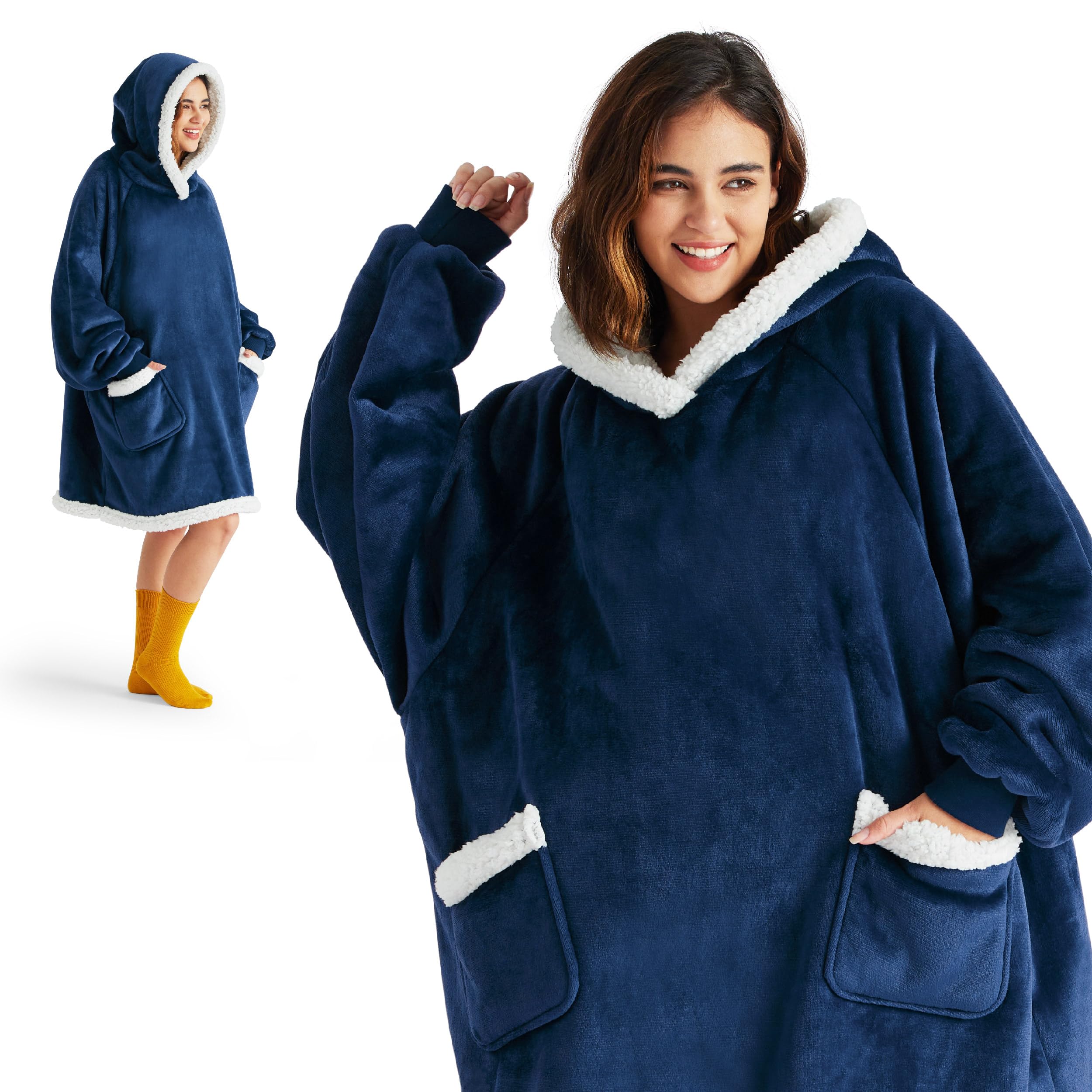 Bedsree Cozy Wearable Blanket Hoodie for Adults & Kids - Perfect Birthday Gift for Women, Men & Mom - Navy Small - Ideal for Lounging, Movie Nights & Camping