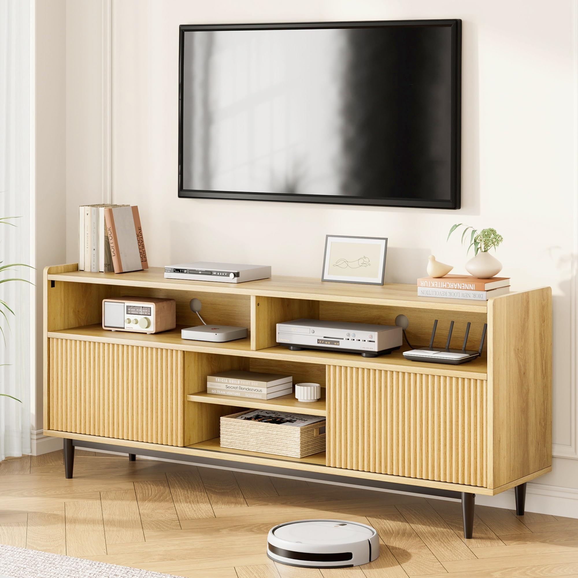 80 Inch Fluted TV Stand - Boho Style Entertainment Center with Sliding Doors, Adjustable Shelves Wood Media Cabinet for Living Room & Bedroom - Natural Oak Finish - Perfect for Modern Home Decor & Entertainment Setup