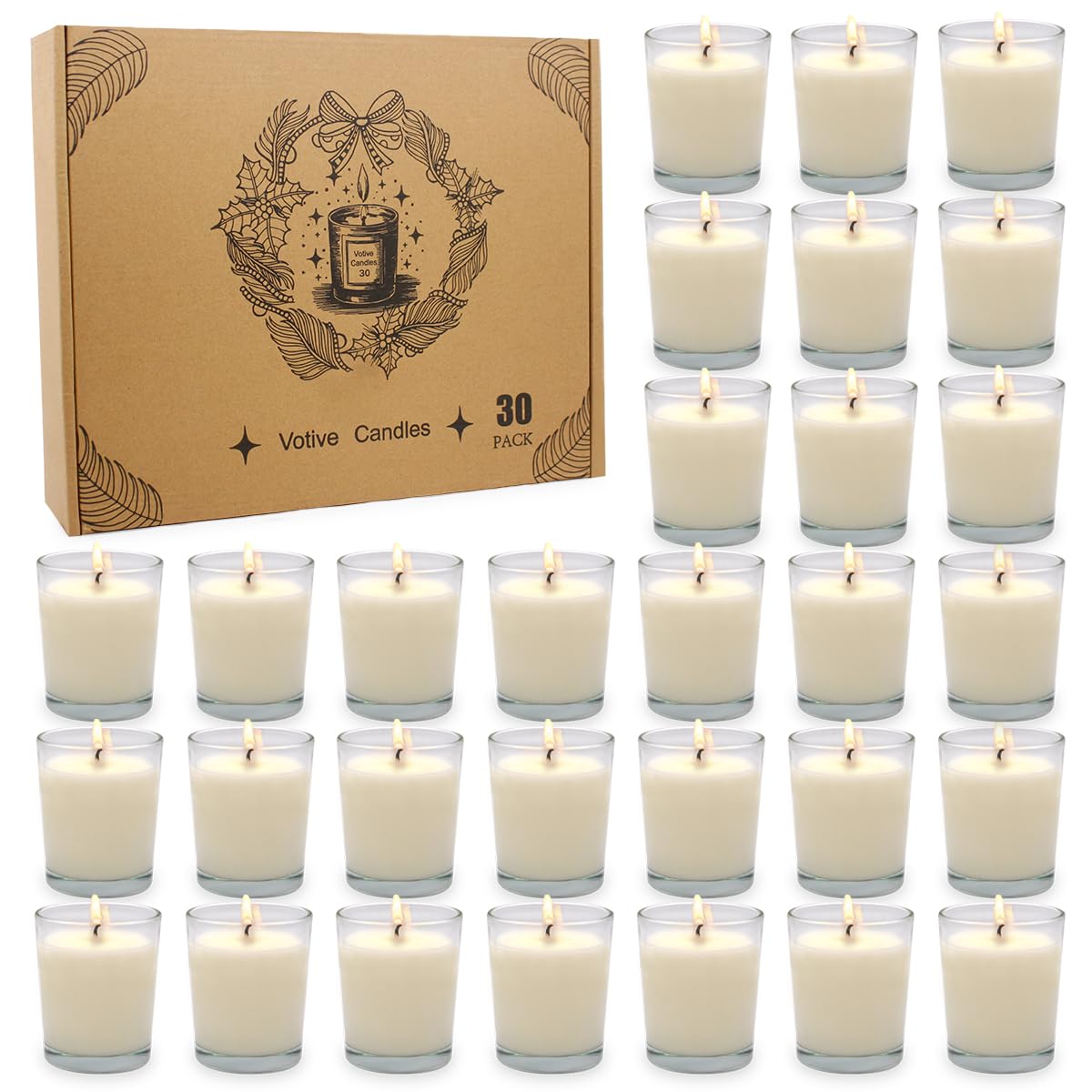 30 Pack Unscented White Votive Candles in Glass - Small Soy Wax Candles for Wedding, Party & Dinner Table Decor (1.7