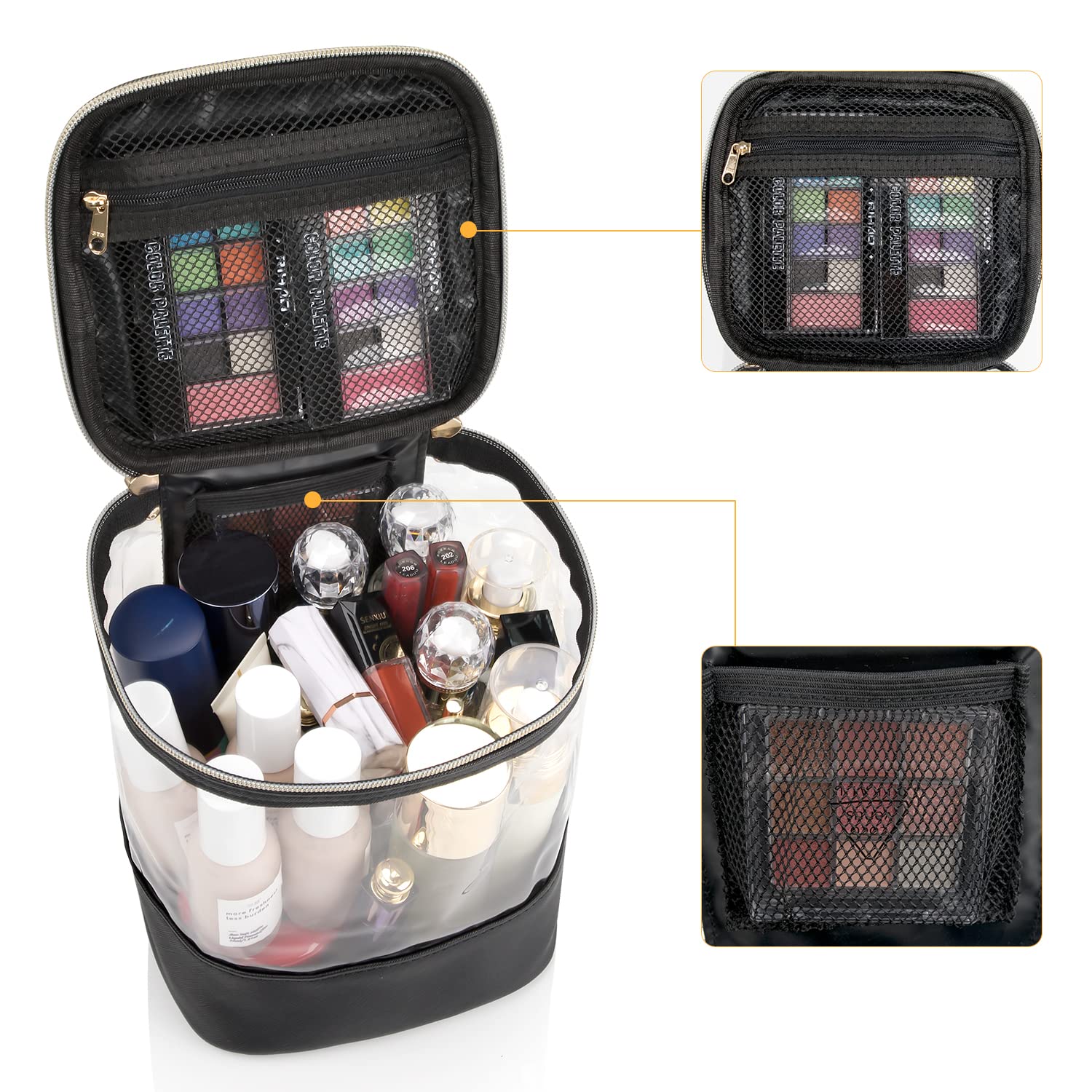 Clear Makeup Bags for Women - Waterproof Travel Cosmetic Organizer with Handle & Mesh Pockets | Plastic Transparent Toiletry Pouch for Cosmetics, Skincare & Essentials (Black) - Perfect for Travel, Gym & Daily Organization