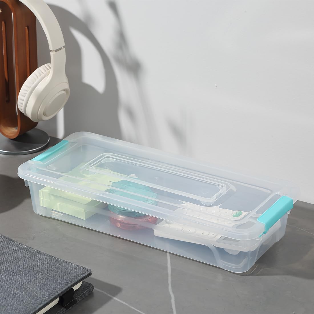 2 Pack Plastic Storage Organizer with Dividers - Multipurpose Container Box with Locking Latch, 4 Color Inner Box Options for Home, Office & Craft Organization