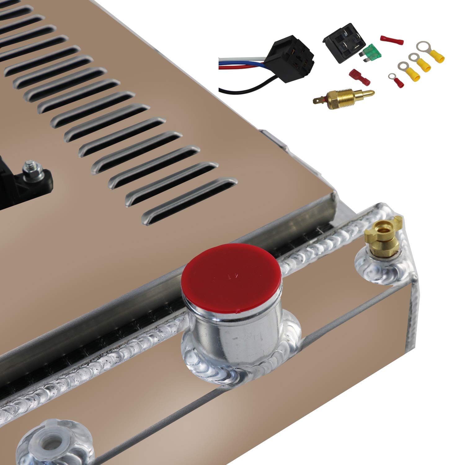 4 Row Aluminum Radiator with Fan Shroud & Relay Kit - Compatible with 1961-1966 Chevy C10 C20 C30 K10 K20 Pickup, Suburban, GMC & Pontiac Catalina - High-Performance Cooling for Classic Trucks & Restoration Projects