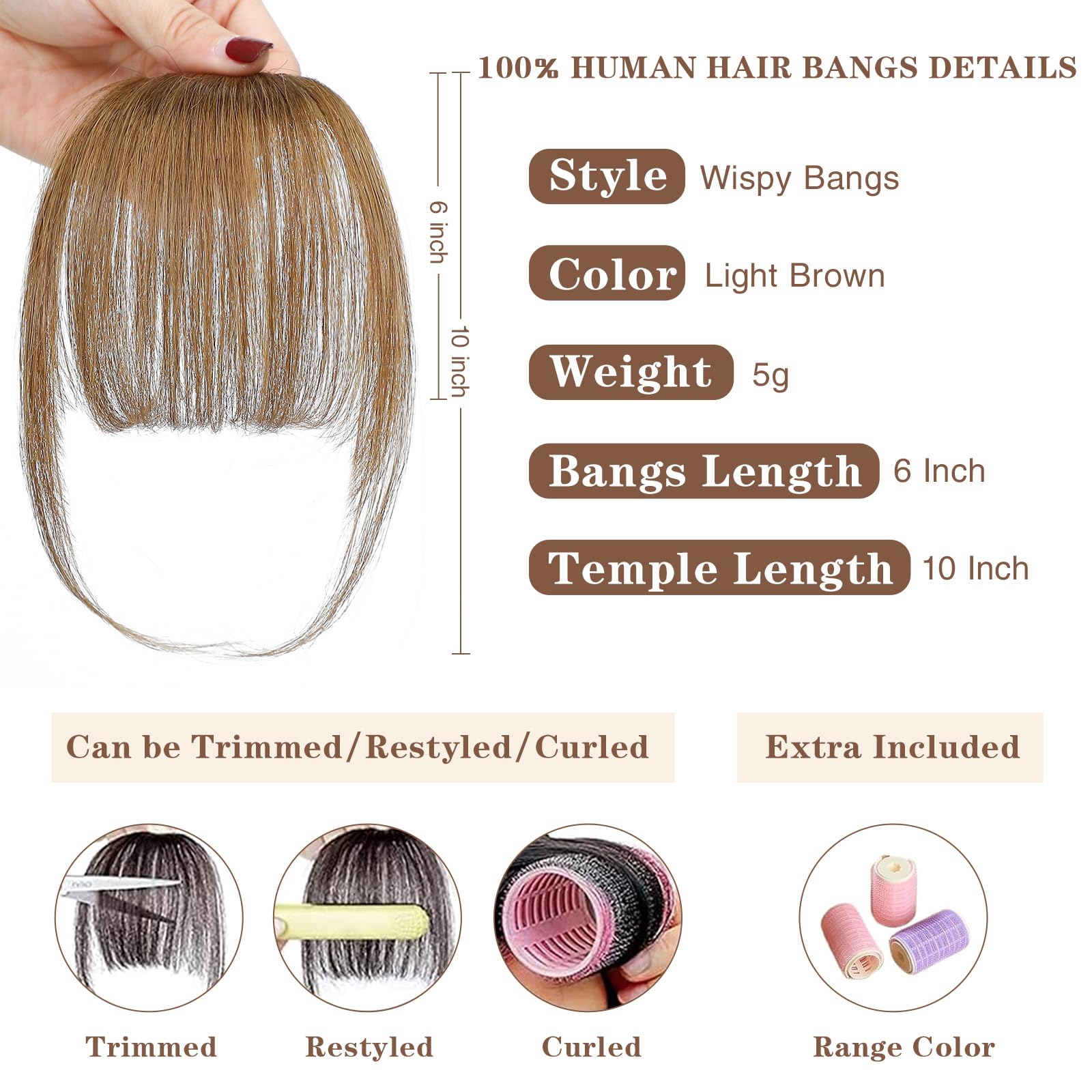 100% Real Human Hair Clip-In Bangs for Women | Faux Bangs Hair Extensions with Hair Roller | 4.5x6 Inch Light Brown | Perfect for Daily Wear, Cosplay & Quick Hairstyle Transformations