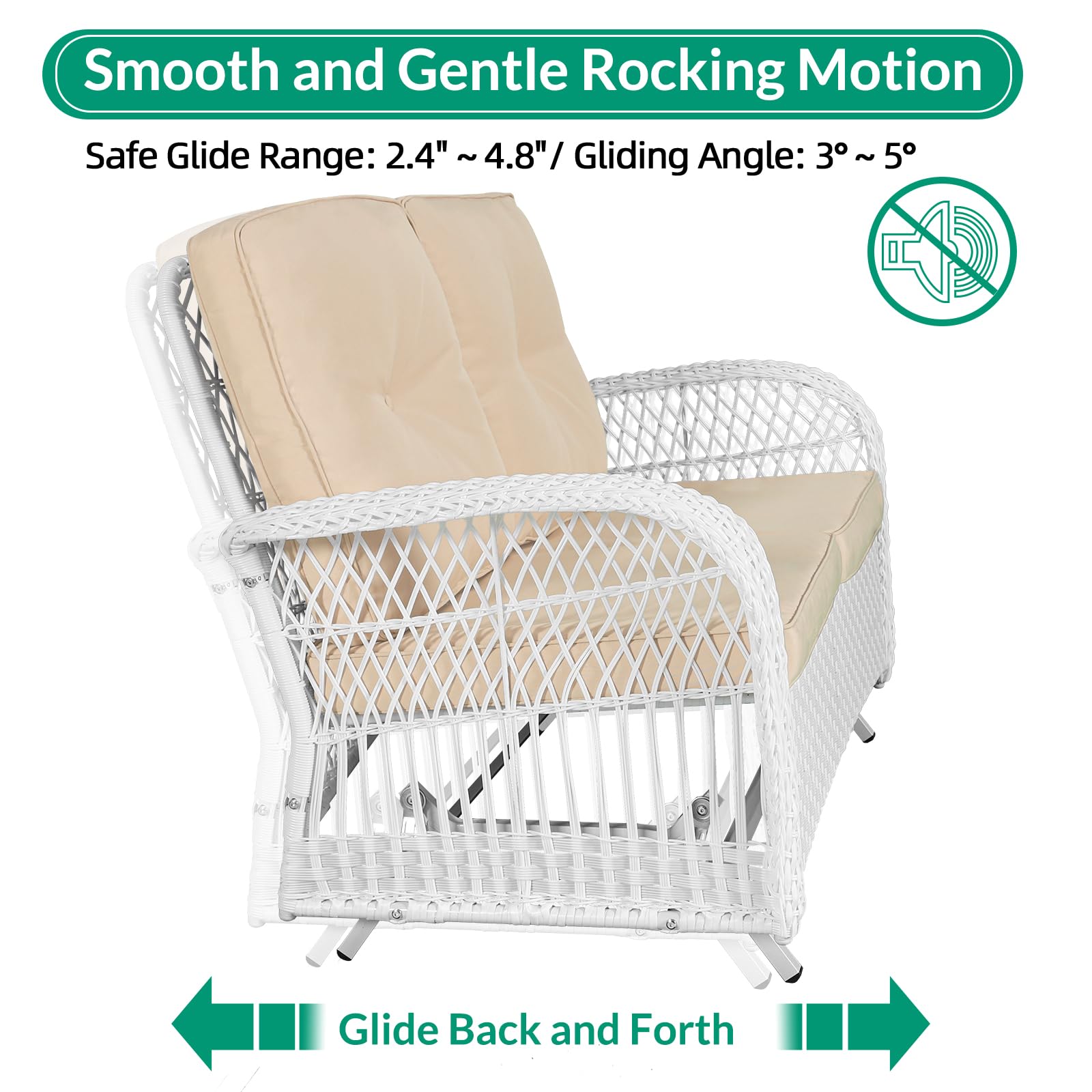 VIVIJASON 2-Piece White Wicker Loveseat Glider Set with Cushions - Outdoor Patio Conversation Furniture with 2-Seater Rocking Bench & Coffee Table - Perfect for Porch, Garden, Poolside, and Backyard Relaxation - Beige