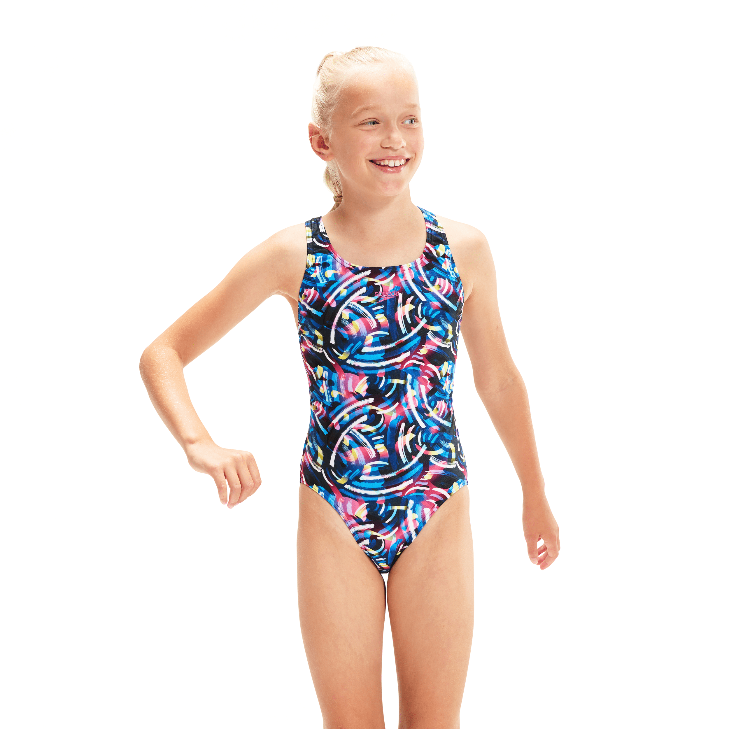 Speedo Girls' Digital Allover Leaderback One-Piece Swimsuit - Black & Blue - Perfect for Swim Lessons, Pool Parties & Beach Vacations