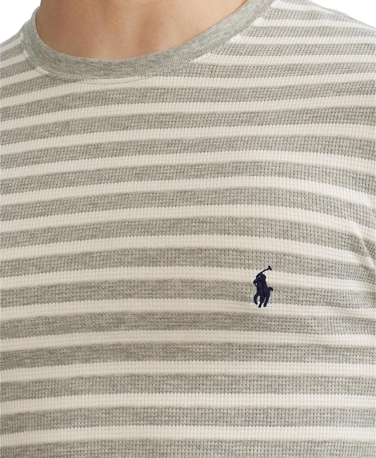 Polo Ralph Lauren Men's Long Sleeve Waffle Knit Crewneck Sleep Shirt - Comfortable Grey Stripe Loungewear for Relaxing at Home & Travel, Size L