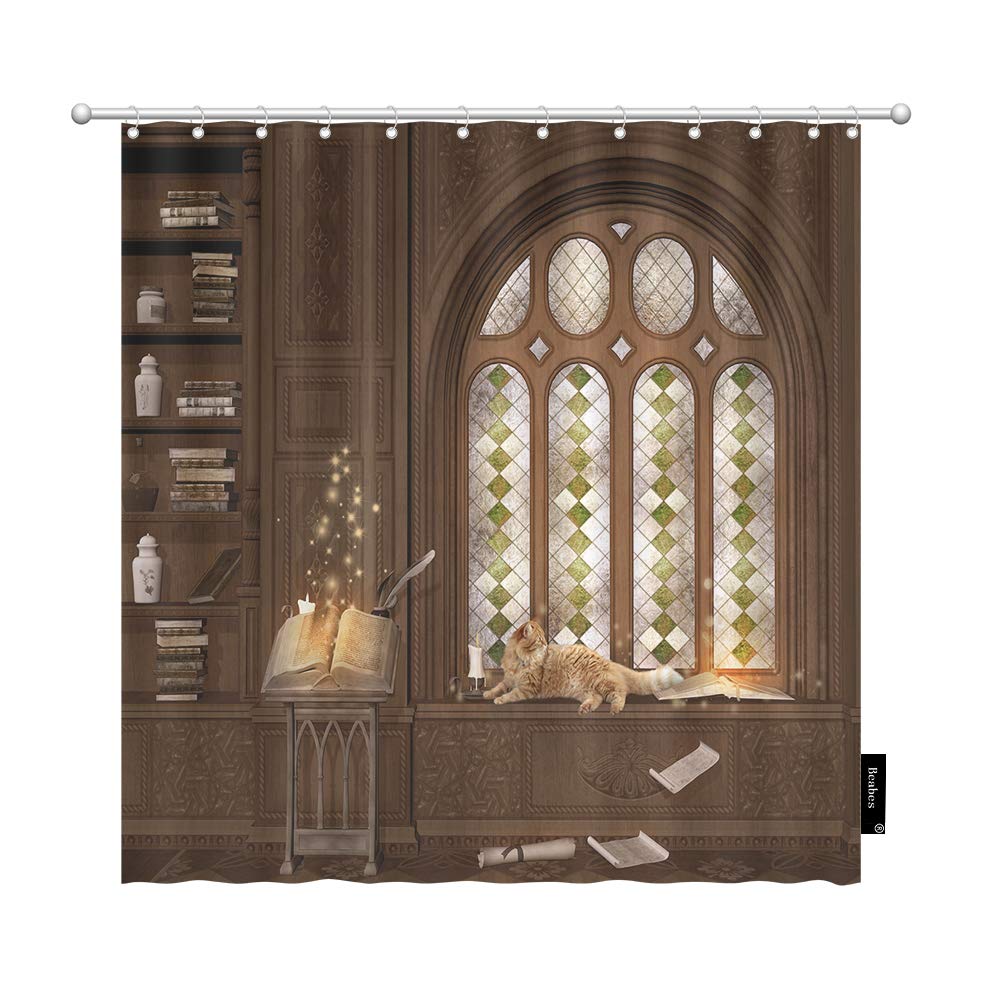 Vintage Cat Library Shower Curtain - Cute Book & Shelf Design Bathroom Decor for Men & Women - 60x72 Inch Polyester Fabric with Hooks - Perfect for Book Lovers' Bathroom, Cat Themed Home Decor, Cozy Vintage Style Interior Design