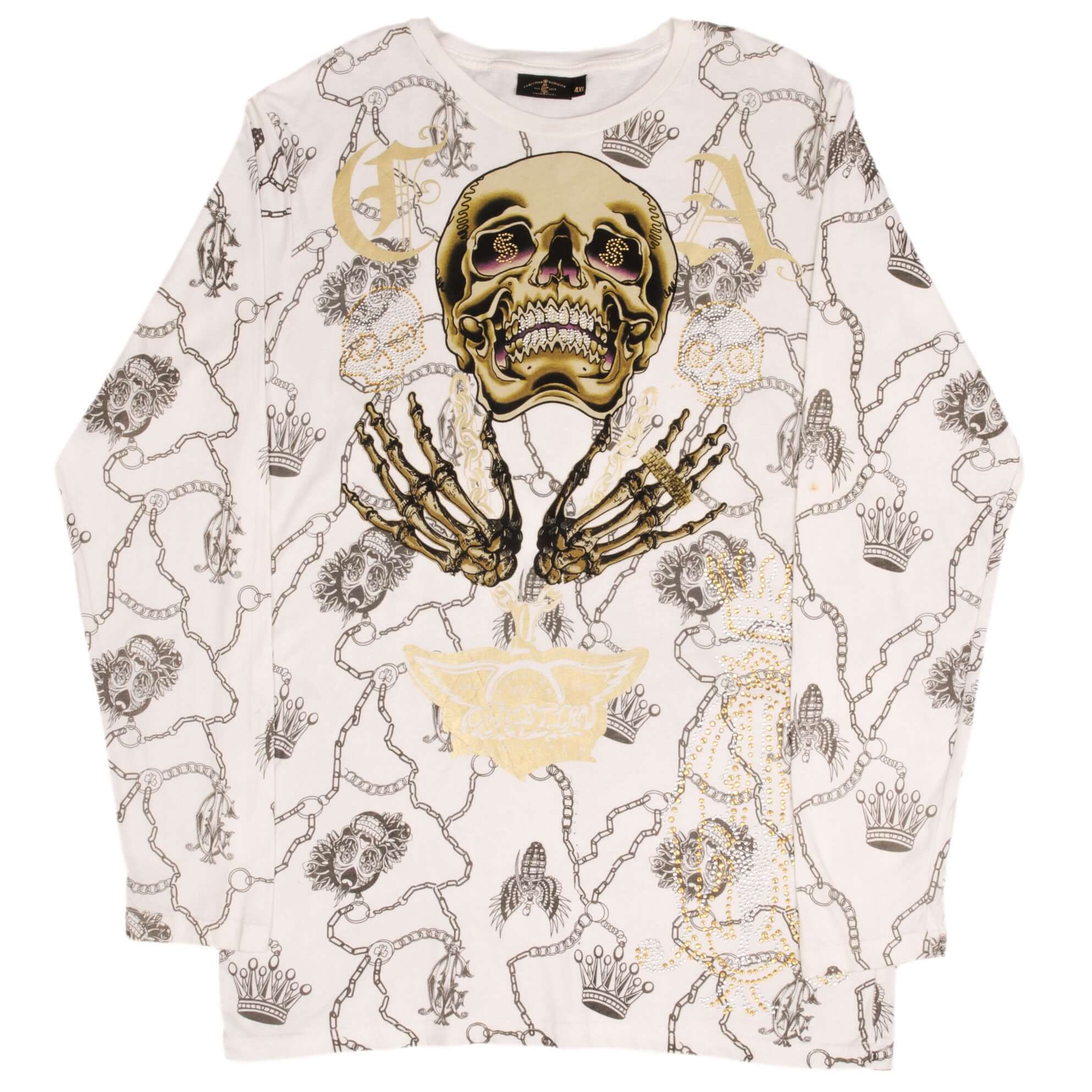 Vintage Christian Audigier Rhinestone Skull Long Sleeve T-Shirt - Gothic Rock Style for Men & Women - Perfect for Concerts, Halloween & Edgy Streetwear (Large, 2000s Retro Fashion)