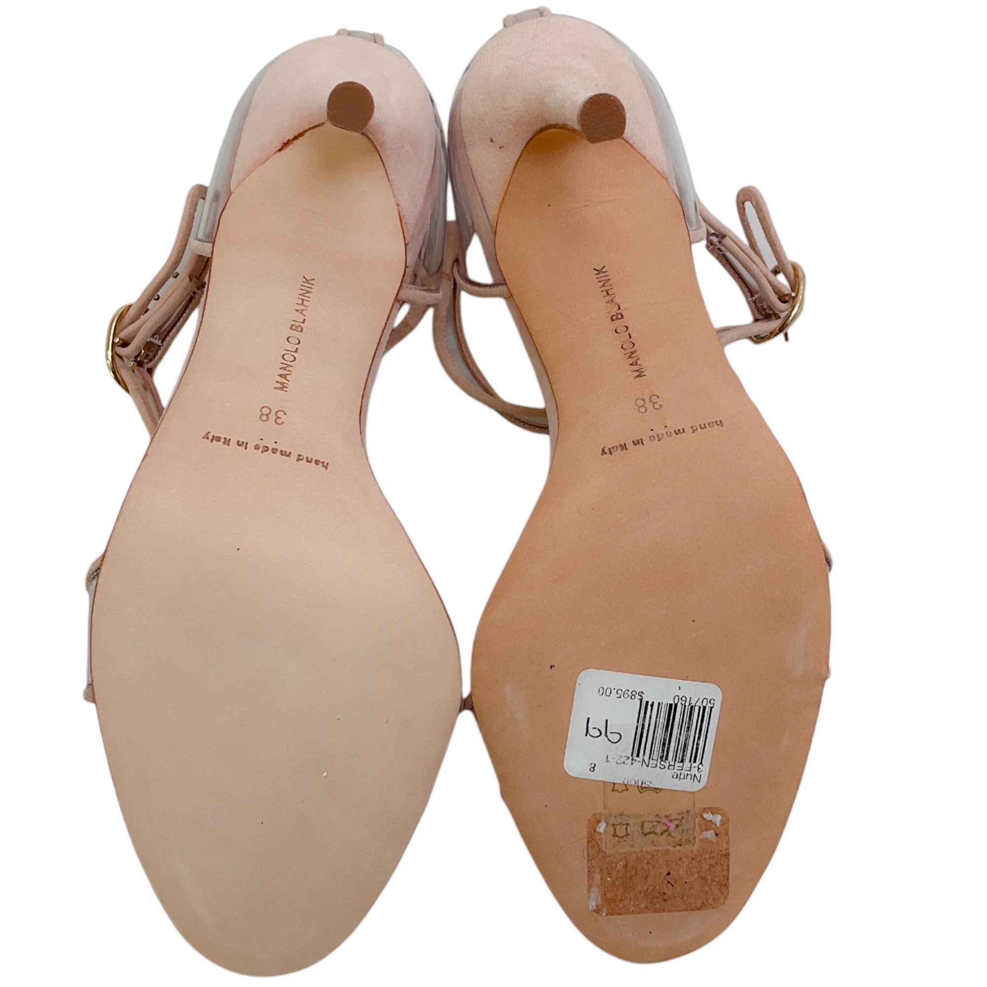 Manolo Blahnik Nude Suede & PVC Heel Sandals for Women - Elegant High Heel Dress Shoes for Weddings, Parties & Special Occasions