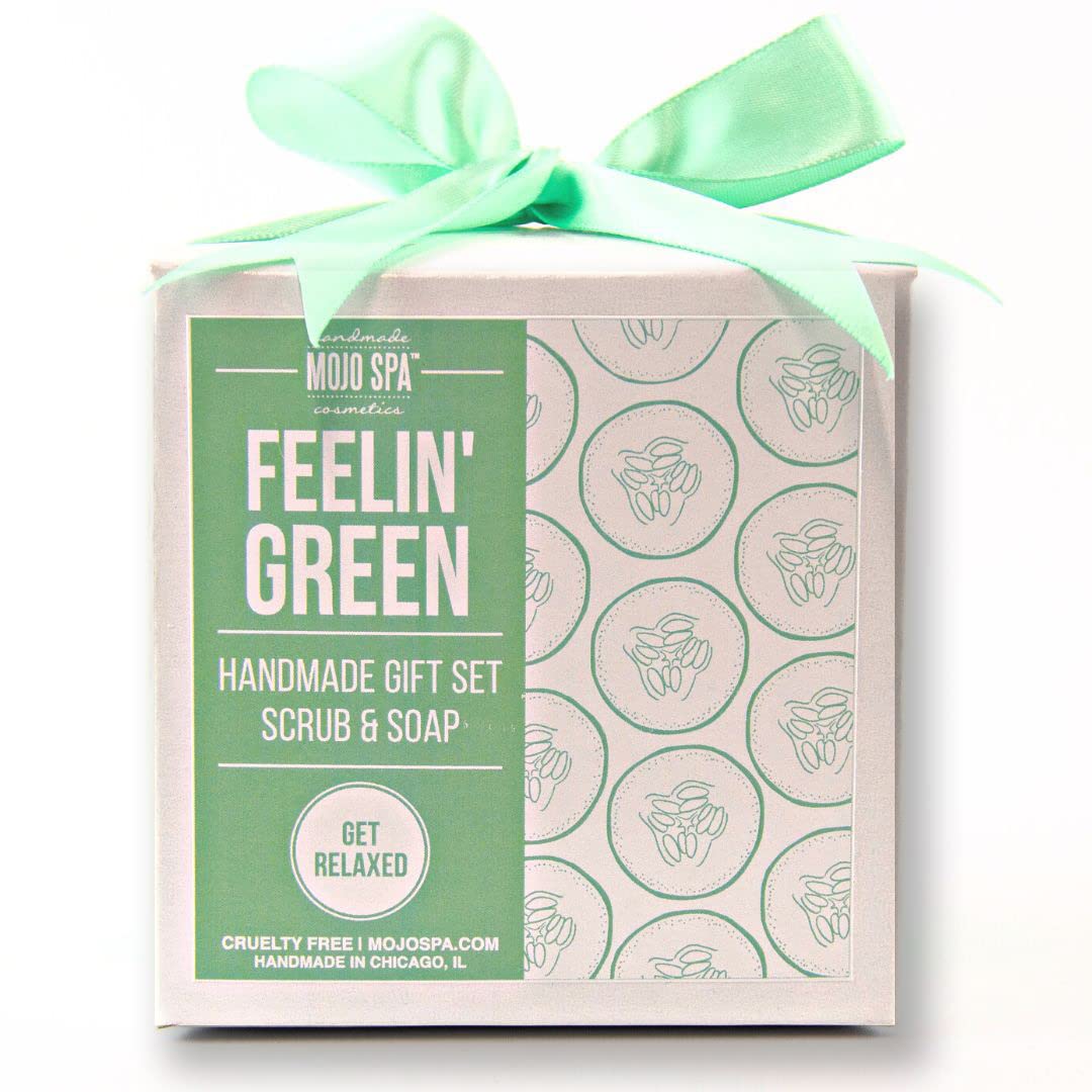 Mojo Spa Feelin Green Small Gift Set - 2 Handmade Natural Bath & Body Products with Face Scrub & Body Soap | Organic Skincare Set for Women, Relaxing Spa Day at Home, Birthday Gift Idea